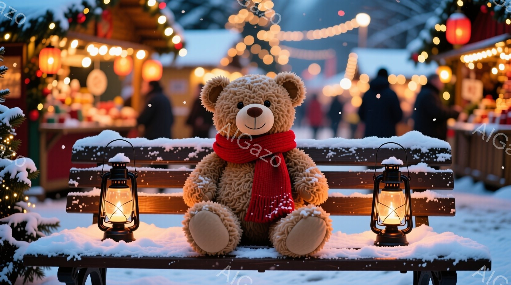 雪で覆われたベンチに、赤いマフラーを巻いたテディベアが座っています。背景にはクリスマスマーケットのような賑やかな雰囲気があり、灯りや屋台がぼんやりと見えます。全体的に温かく、冬の夜の心安らぐ光景が表現されています。