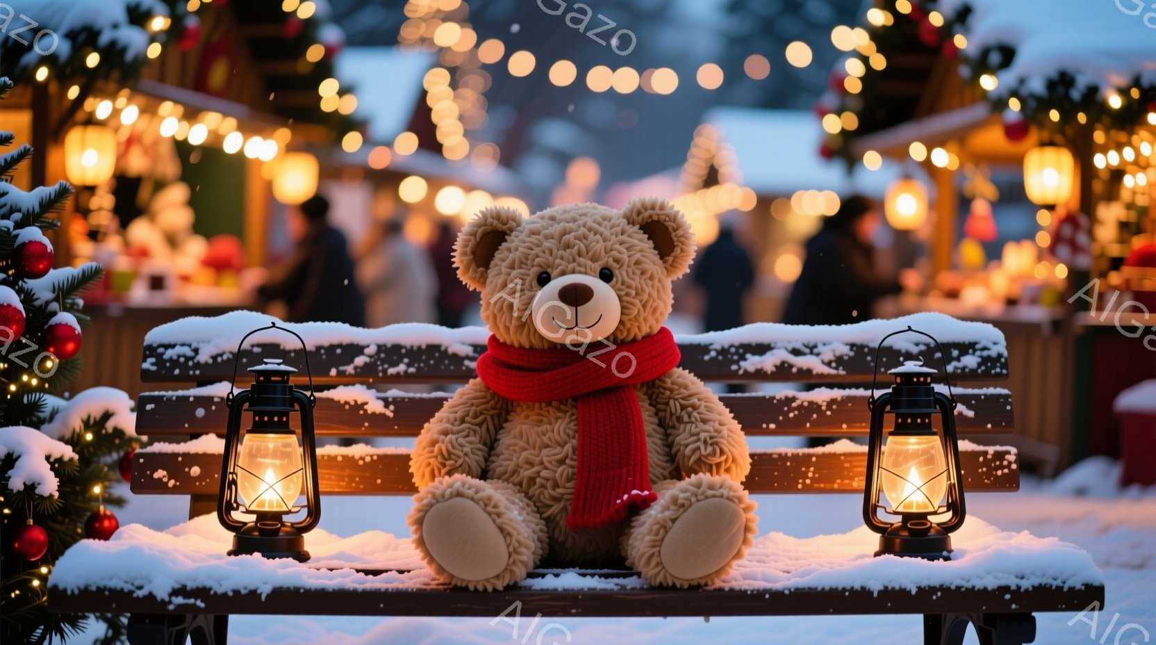 ふわふわの茶色のテディベアが、雪に覆われた木製のベンチに座っています。赤い編み物のマフラーを巻いており、温かそうな表情をしています。背景には、クリスマスのイルミネーションが輝き、ぼんやりと見える建物と - AI生成フリー素材