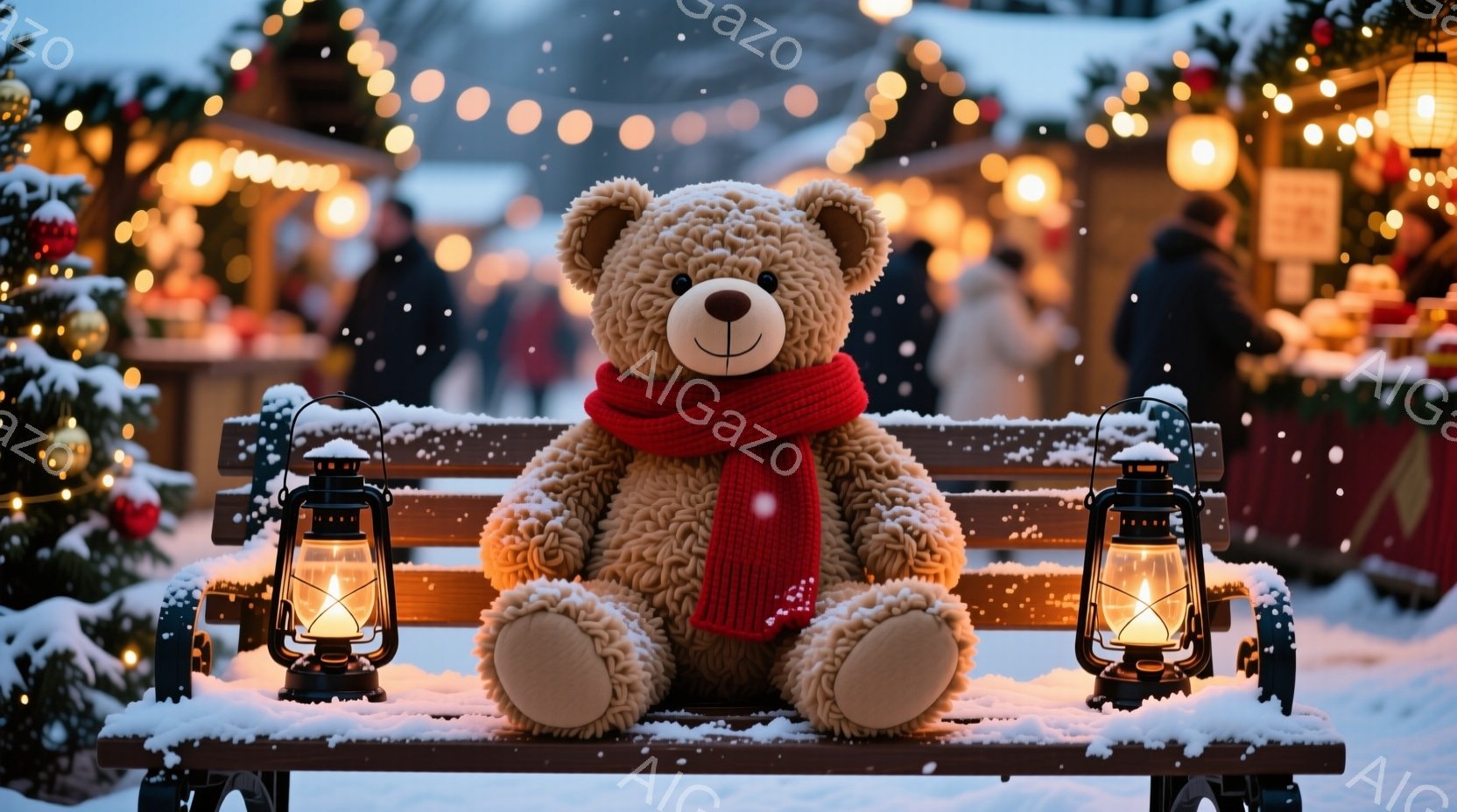 ふわふわの茶色のテディベアが、雪の積もったベンチに座っています。赤いマフラーを巻いており、穏やかで優しい表情をしています。背景にはクリスマスマーケットのような賑やかな風景が広がり、点灯したランタンやク - AI生成フリー素材