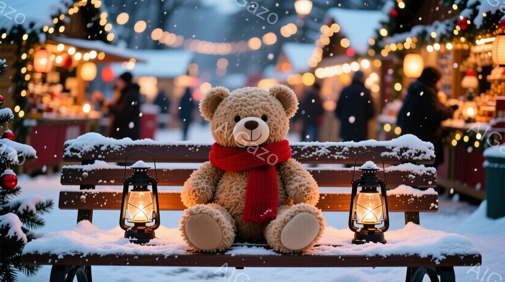 茶色のテディベアが雪の積もったベンチに座っており、赤いマフラーを巻いています。背景には、クリスマスのイルミネーションが輝く市場のような場所があり、ぼやけた人々の姿も見えます。全体的に、暖かく、お祝いの - AI生成フリー素材