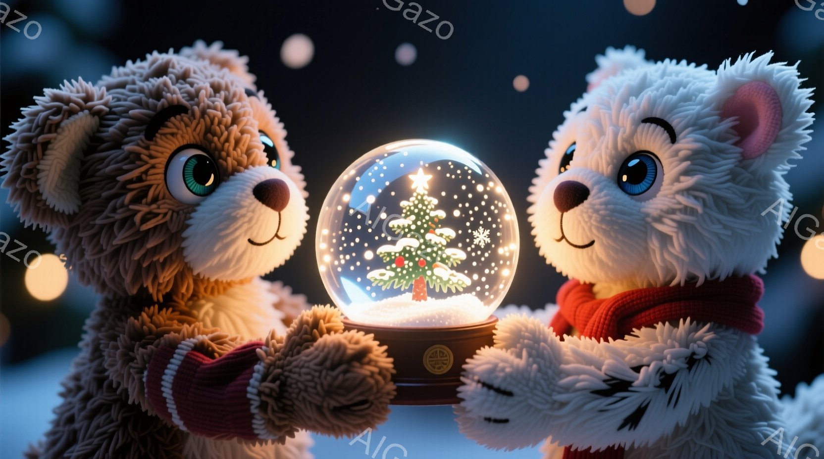 ふわふわとしたテディベアが2匹、雪が降る夜に雪の玉を挟んで立っています。一匹は茶色で赤い手袋とスカーフを着用し、もう一匹は白で同じ服装をしています。雪の玉の中には小さなクリスマスツリーが飾られており、 - AI生成フリー素材
