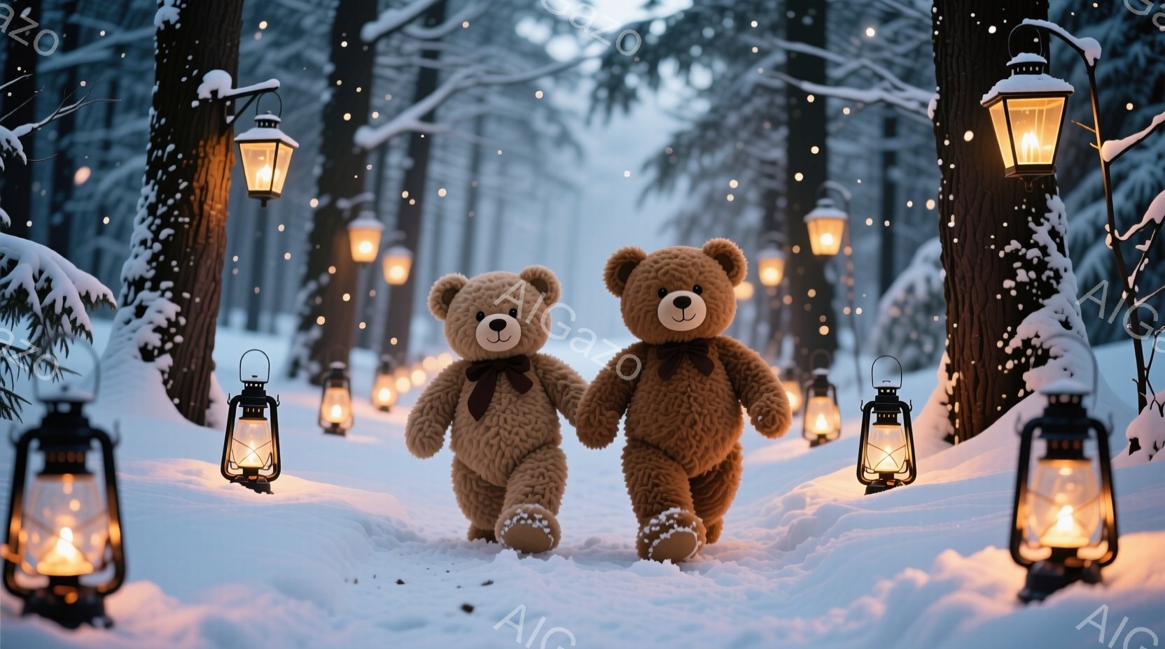 ふわふわの茶色のテディベアが二人、雪の積もった森の中を並んで歩いています。一匹は赤いリボンをつけており、もう一匹はリボンなしで、どちらも優しい表情をしています。背景には雪の降る森と、灯りを灯したランタ - AI生成フリー素材