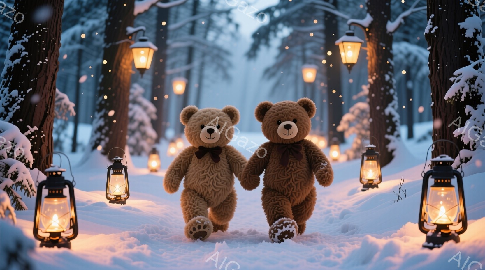 ふわふわの茶色のテディベアが二人、雪の積もった森の中を手をつないで歩いている。周りには暖かく光るランタンが並び、雪景色の中で優しい光を放っている。背景は雪に覆われた木々で、幻想的で温かい雰囲気を醸し出 - AI生成フリー素材