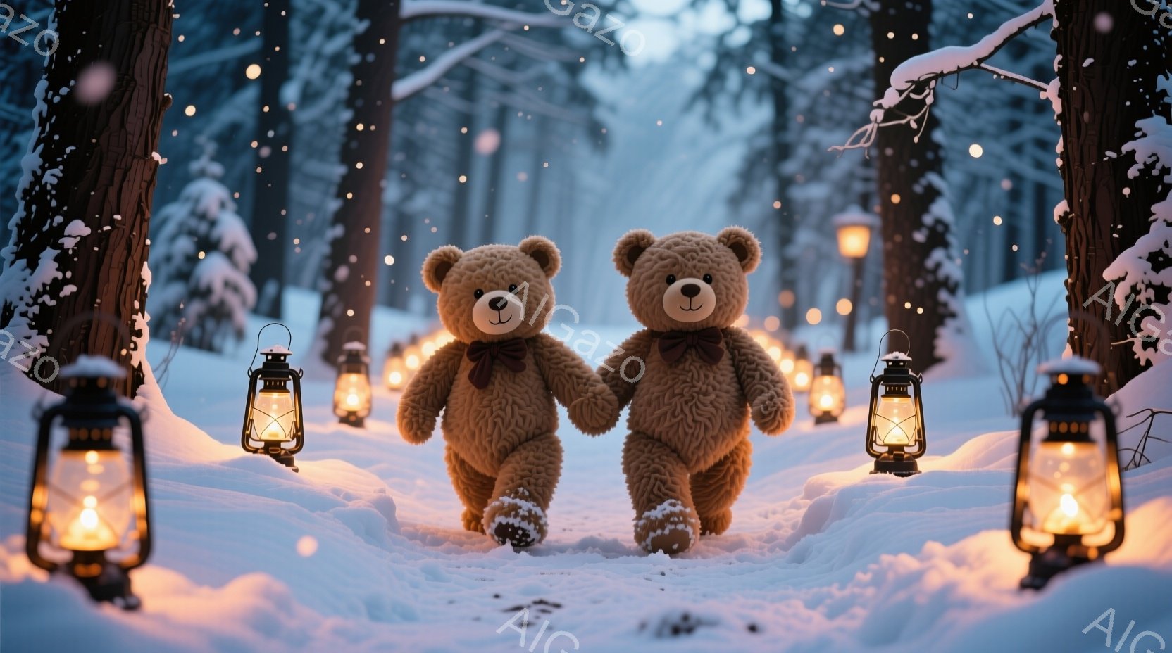 ふわふわの茶色のテディベアが二人、手をつないで雪の中を歩いています。背景には雪に覆われた木々と、暖かく光るランタンが並び、幻想的な雰囲気を醸し出しています。全体として、温かく可愛らしい、冬の情景が描か - AI生成フリー素材