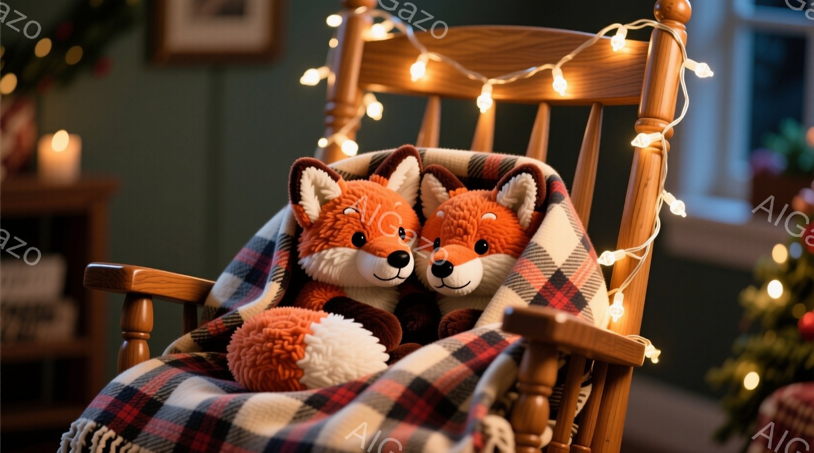 温かい光に包まれたロッキングチェアに、2匹のふわふわしたオレンジ色のキツネのぬいぐるみがお互いに寄り添って座っています。ロッキングチェアには赤と黒のチェック柄のブランケットが掛けられており、背景にはク - AI生成フリー素材