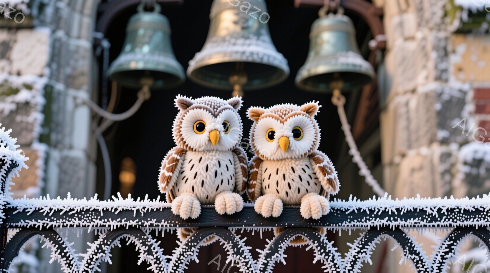 ふわふわとした質感のフクロウの置物が2つ、雪で覆われた柵の上に並んで座っています。フクロウたちは大きな丸い目と可愛らしい表情をしており、冬の寒さを和らげるような温かさがあります。背景には、石造りの建物と、雪で覆われた鐘楼が見え、全体的に静かで幻想的な冬の雰囲気が漂っています。