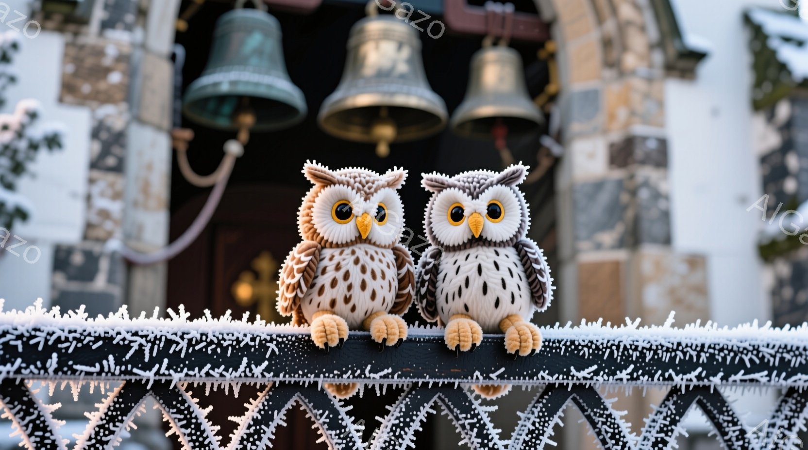 雪で覆われた金属製の柵の上に置かれた2匹のフクロウのぬいぐるみが写っています。フクロウたちは、つぶらな瞳と丸みを帯びたフォルムが特徴で、少し微笑んでいるように見えます。背景には、雪で覆われた建物の一部と、複数の鐘が見え、冬の静寂で幻想的な雰囲気を醸し出しています。