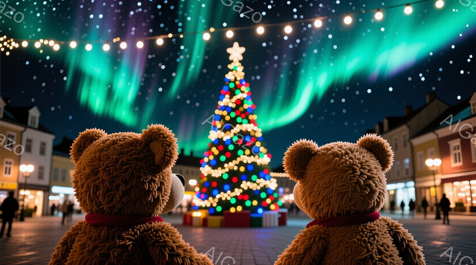 ふわふわのテディベア2匹が、光り輝くクリスマスツリーを正面から見つめている。背景には、街並みと夜空に広がるオーロラのような光が広がり、ファンタジックな雰囲気を醸し出している。石畳の広場には、ぼんやりと - AI生成フリー素材