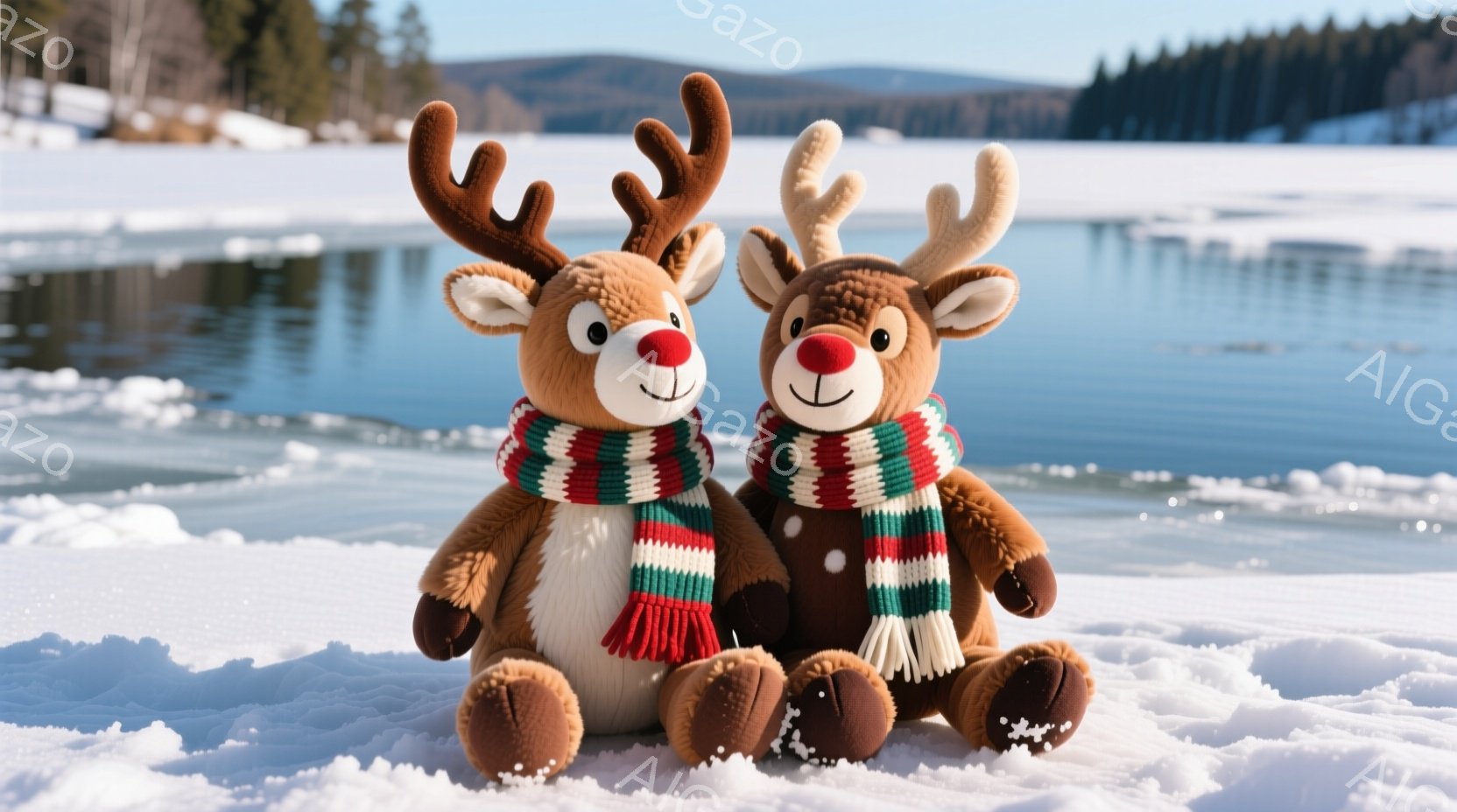 ふわふわの茶色のトナカイのぬいぐるみ２体が雪の上に並んで座っています。それぞれ赤い鼻と、赤、緑、白のストライプのスカーフを巻いています。背景には凍った湖と、遠くに見える木々が広がり、晴れた冬の日の穏や - AI生成フリー素材