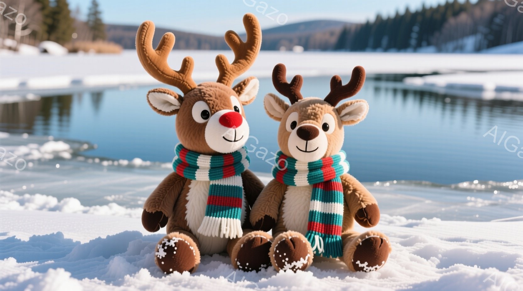 ふわふわの茶色のトナカイのぬいぐるみ2体が雪の上に座っています。それぞれ赤い鼻と白い縞模様のスカーフを巻き、穏やかな表情をしています。背景には、氷に覆われた湖と、遠くに見える木々や山々が広がっており、 - AI生成フリー素材