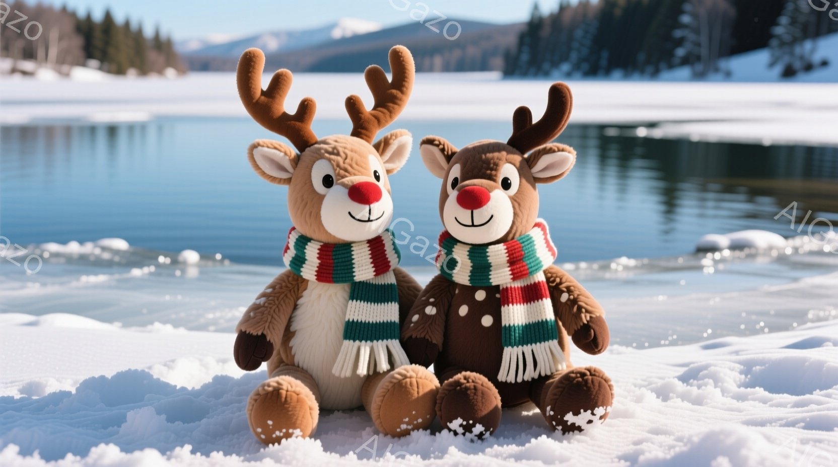 ふわふわの茶色のトナカイのぬいぐるみ2体が雪の上に座っており、それぞれ赤い鼻と巻き毛の角、そして赤、緑、白の縞模様のスカーフを巻いています。彼らは正面を向き、穏やかな笑顔を浮かべており、背景には雪に覆 - AI生成フリー素材