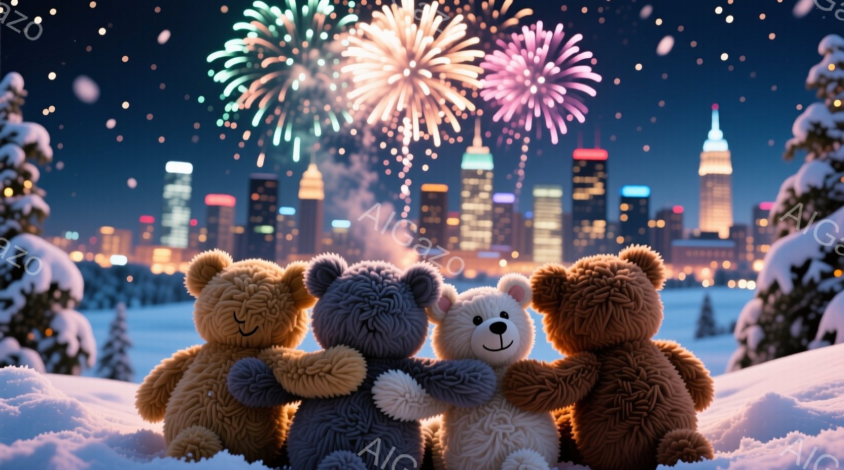 雪景色の中に、四匹のテディベアが寄り添って座っています。背景にはニューヨークの夜景が広がり、ビル群が光り輝いています。空には花火が打ち上げられ、冬の夜の暖かく、お祝いムードを演出しています。 - AI生成フリー素材