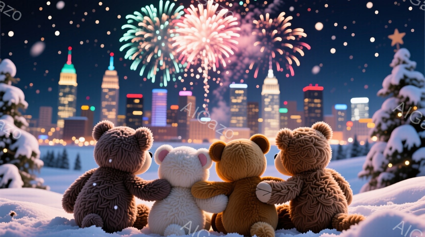 雪景色の中で寄り添う3匹のテディベアが描かれています。背景には、夜景が輝く都市のスカイラインと、花火が打ち上げられています。全体的に温かく、穏やかで、お祝いの雰囲気です。 - AI生成フリー素材