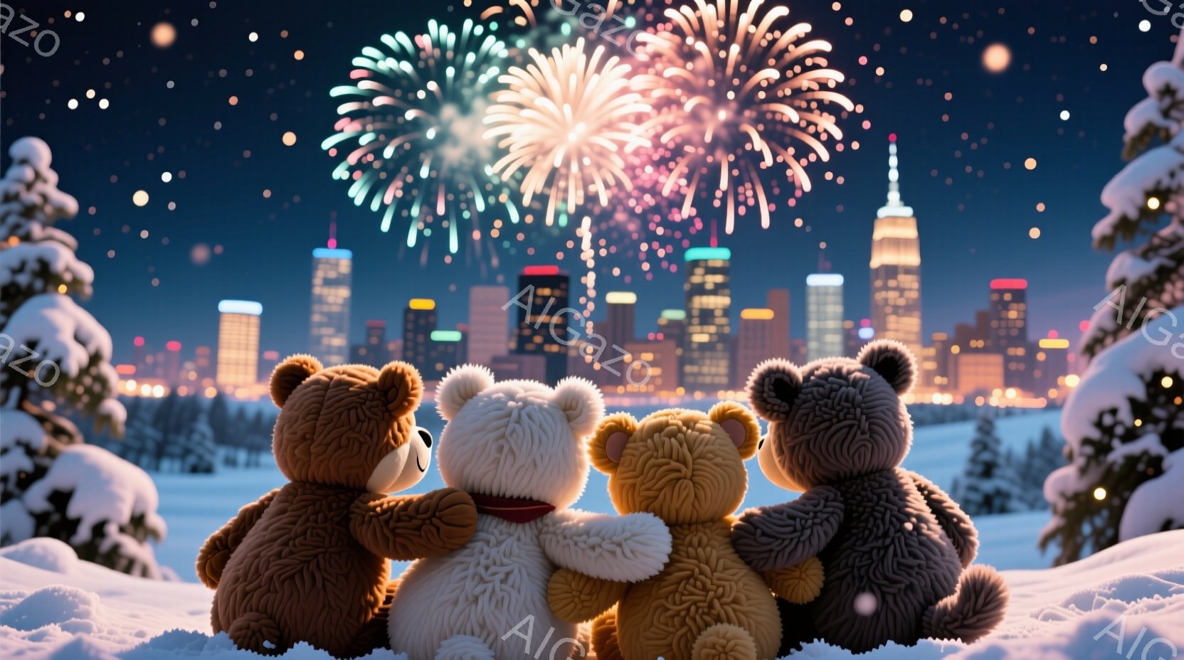 雪景色の中に、四匹のテディベアが寄り添って座っています。彼らは背を向けているため表情は見えませんが、暖かく親密な雰囲気が伝わってきます。背景にはニューヨークの摩天楼が輝き、夜空には盛大な花火が打ち上げられています。