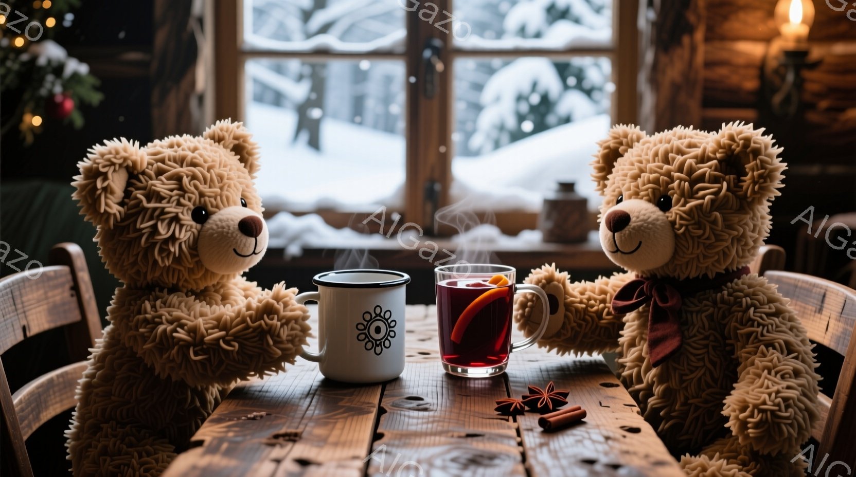 温かい光に包まれた木製のテーブルに、2匹のテディベアが向かい合って座っています。片方のベアは赤いリボンをつけており、それぞれが温かい飲み物が入ったマグカップを持っています。窓の外には雪景色が広がり、暖 - AI生成フリー素材