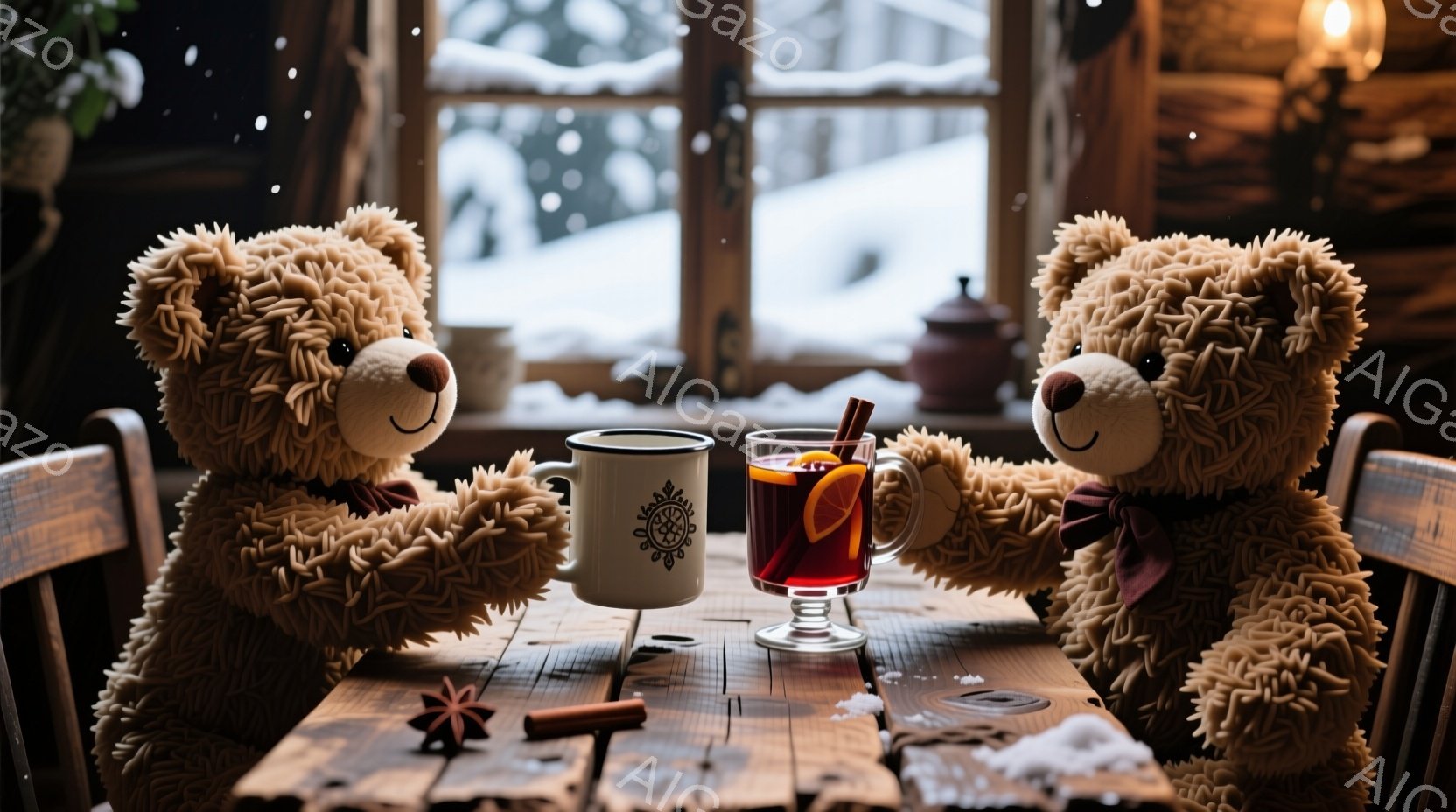 暖炉のある木製のテーブルを挟んで、茶色いテディベアが二人座っており、それぞれ手にカップやグラスを持っています。窓の外には雪景色が広がり、室内は温かく、ほっとするような雰囲気です。テーブルの上にはシナモ - AI生成フリー素材
