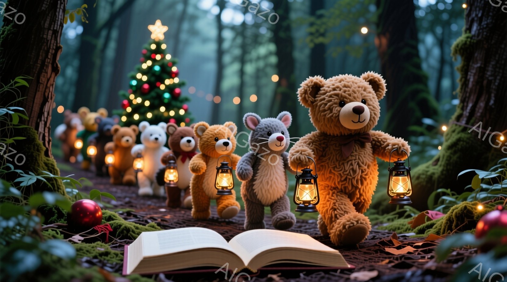 ぬいぐるみで作られたクマたちが、暗い森の中を提灯を手に進んでいます。彼らの前には開かれた本があり、背景にはクリスマスツリーが輝き、緑豊かな自然とクリスマスの装飾が幻想的な雰囲気を醸し出しています。全体 - AI生成フリー素材