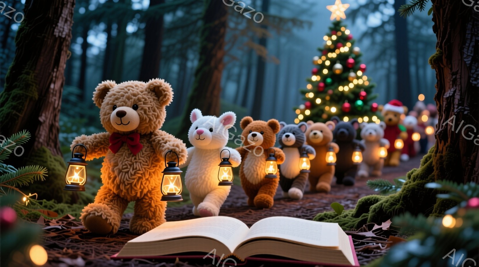 ふわふわのテディベアたちが、灯りを灯したランタンを持って、森の中の小道を行進しています。背景には、きらびやかなオーナメントで飾られたクリスマスツリーが遠くに見え、地面には開いた本と、散りばめられた小さ - AI生成フリー素材