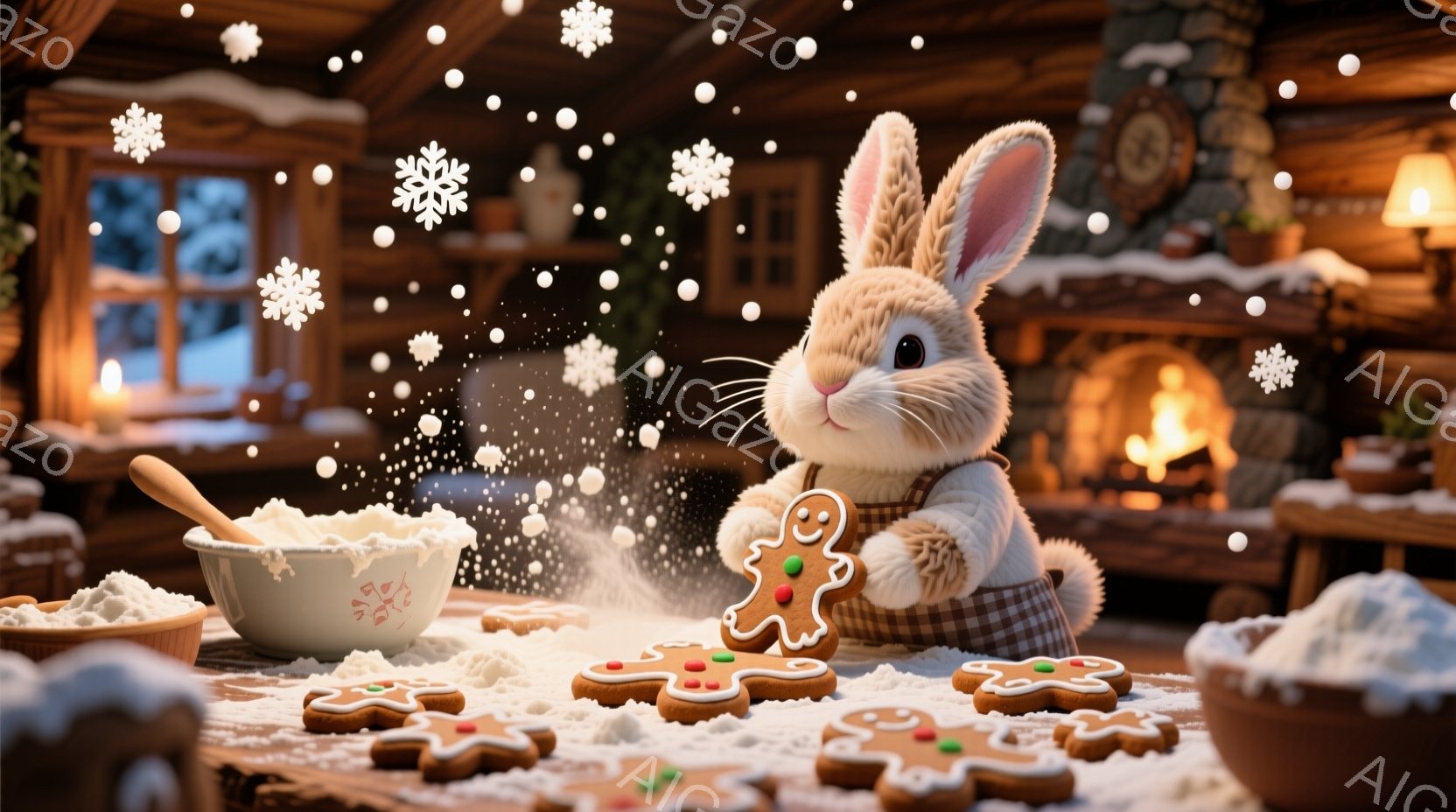 白い毛並みのウサギが、エプロンをつけてジンジャーブレッドクッキーを作っている様子が描かれています。クッキーにアイシングを施しながら、まるで職人顔負けの真剣な表情を浮かべており、周りにはたくさんのクッキ - AI生成フリー素材
