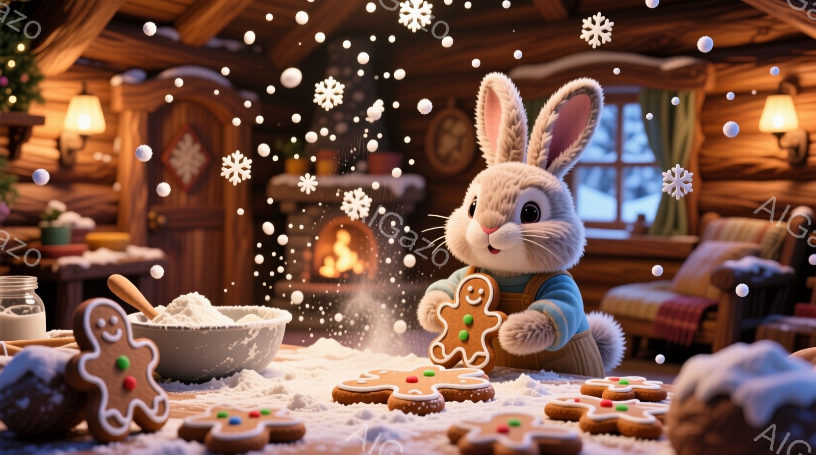 毛むくじゃらのウサギが、小麦粉まみれのキッチンカウンターでジンジャーブレッドマンを手に持っています。ウサギはオーバーオールを着ており、楽しそうな表情を浮かべています。背景には暖炉、木製の壁、雪景色が見 - AI生成フリー素材