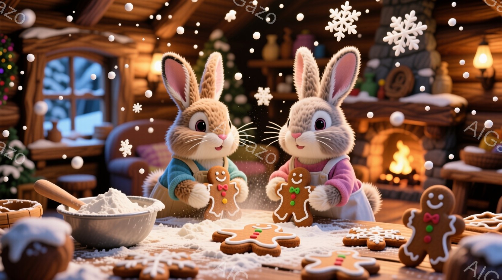 二匹の可愛らしいウサギが、粉をふりかけた木のテーブルの上で、ジンジャーブレッドマンを手に持っています。ウサギたちはそれぞれ、青とピンクのセーターとエプロンを着ており、満面の笑みを浮かべています。背景に - AI生成フリー素材