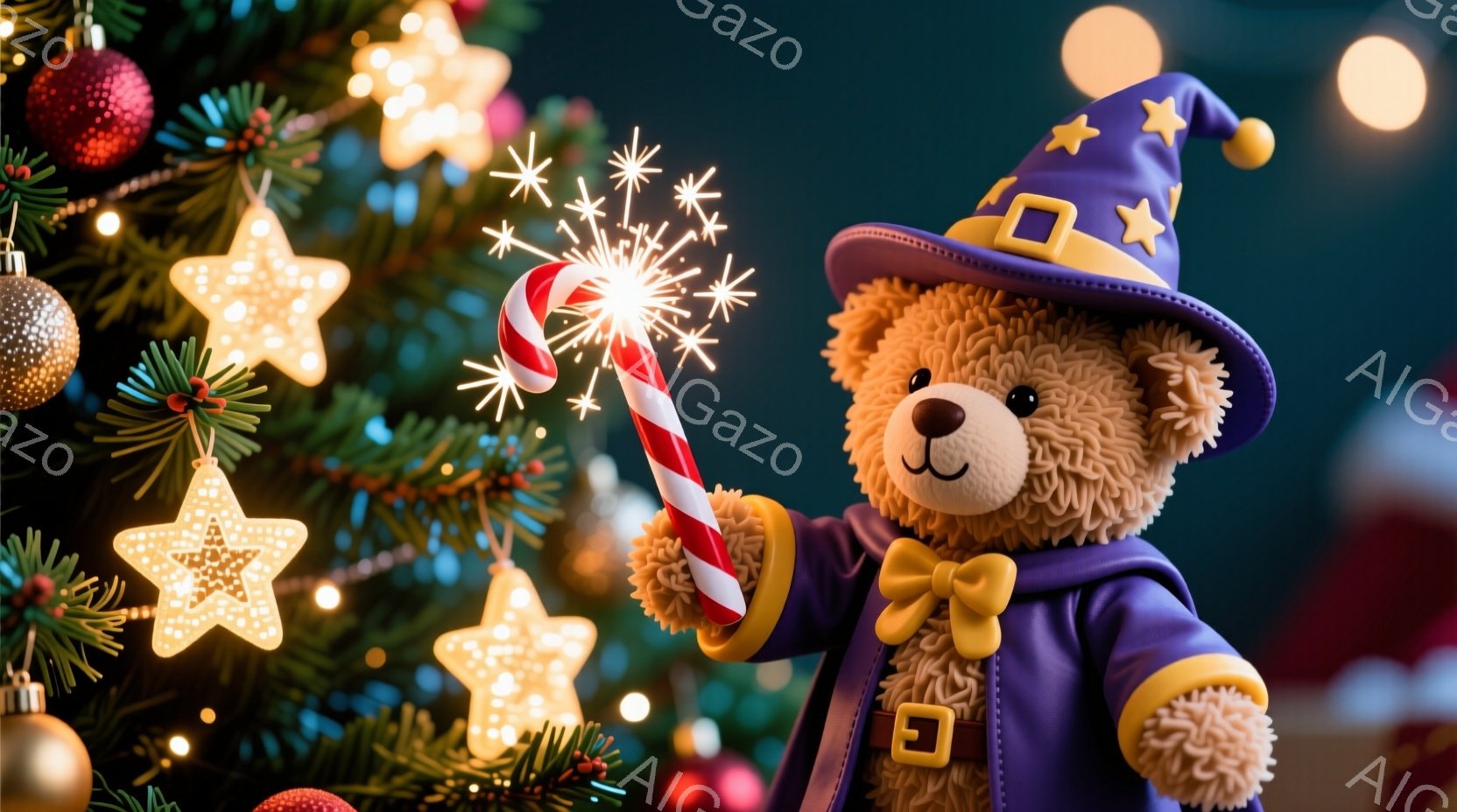 茶色のテディベアが、紫色の魔法使いの衣装を着て、キャンディケーンのような杖を高く掲げています。背景には、クリスマスツリーが飾られ、星形のライトが輝いており、お祝いの雰囲気が漂っています。ベアは微笑んで - AI生成フリー素材