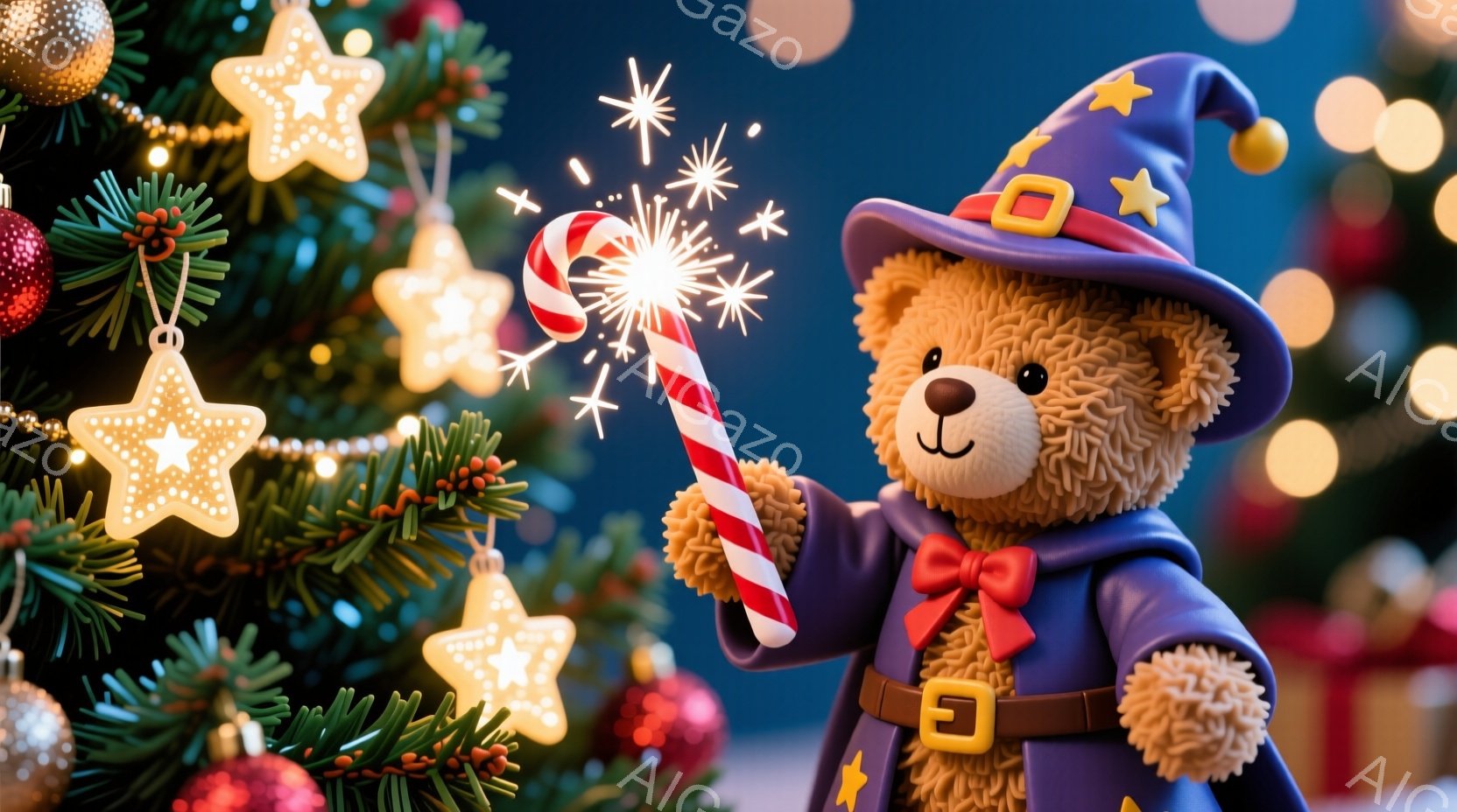 ふわふわの茶色のテディベアが、紫色のローブと星が刺繍された帽子を身に着けています。ベアはキャンディケーンのような杖を高く掲げ、杖の先からはキラキラと輝く星屑のような光が散りばめられています。背景にはク - AI生成フリー素材