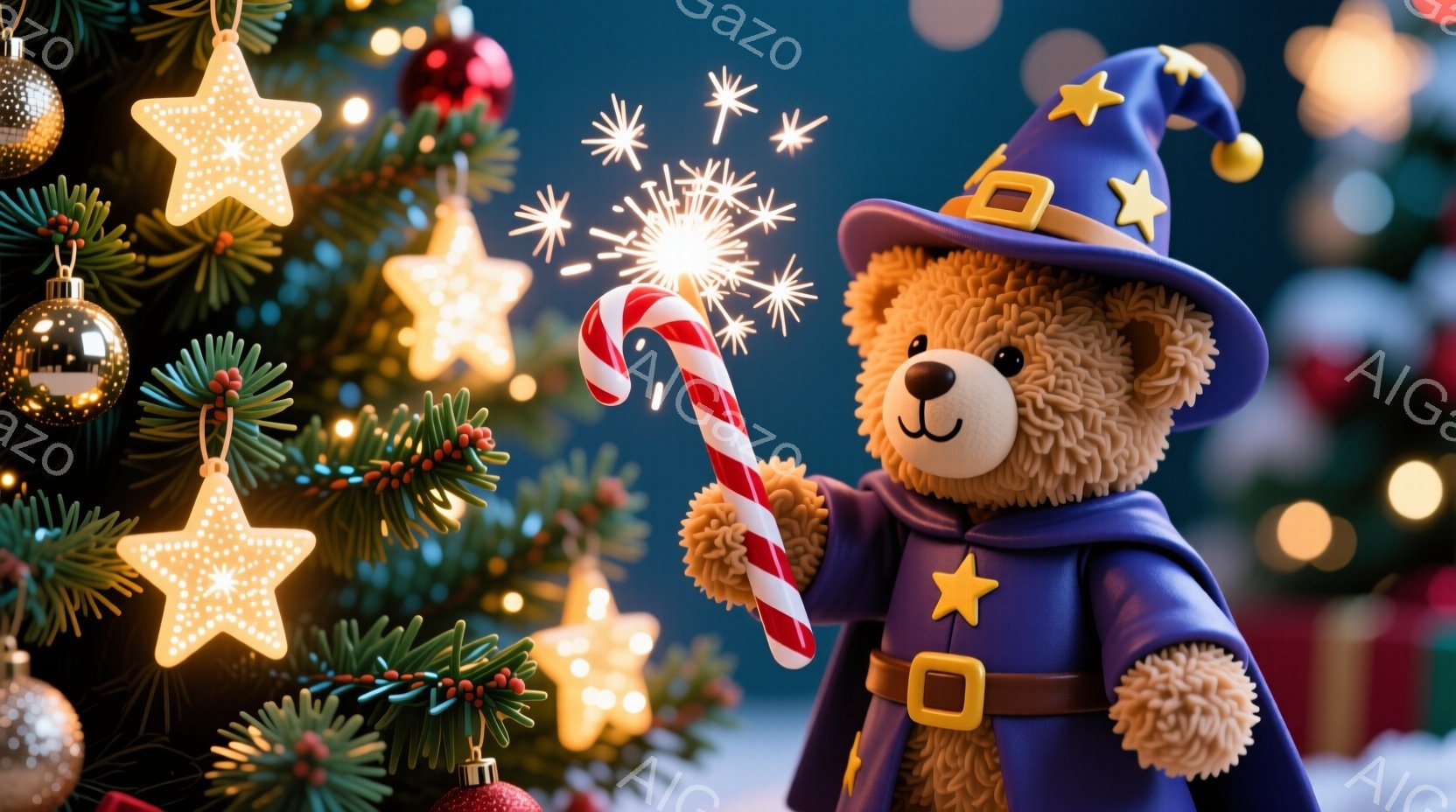 ふわふわのテディベアが、青い魔法使いの衣装を着て、クリスマスのデコレーションの前で立っています。彼は片手にペパーミントキャンディを持ち、楽しそうな表情をしています。背景には、キラキラと光る星やオーナメントで飾られたクリスマスツリーがあり、お祝いムードを盛り上げています。