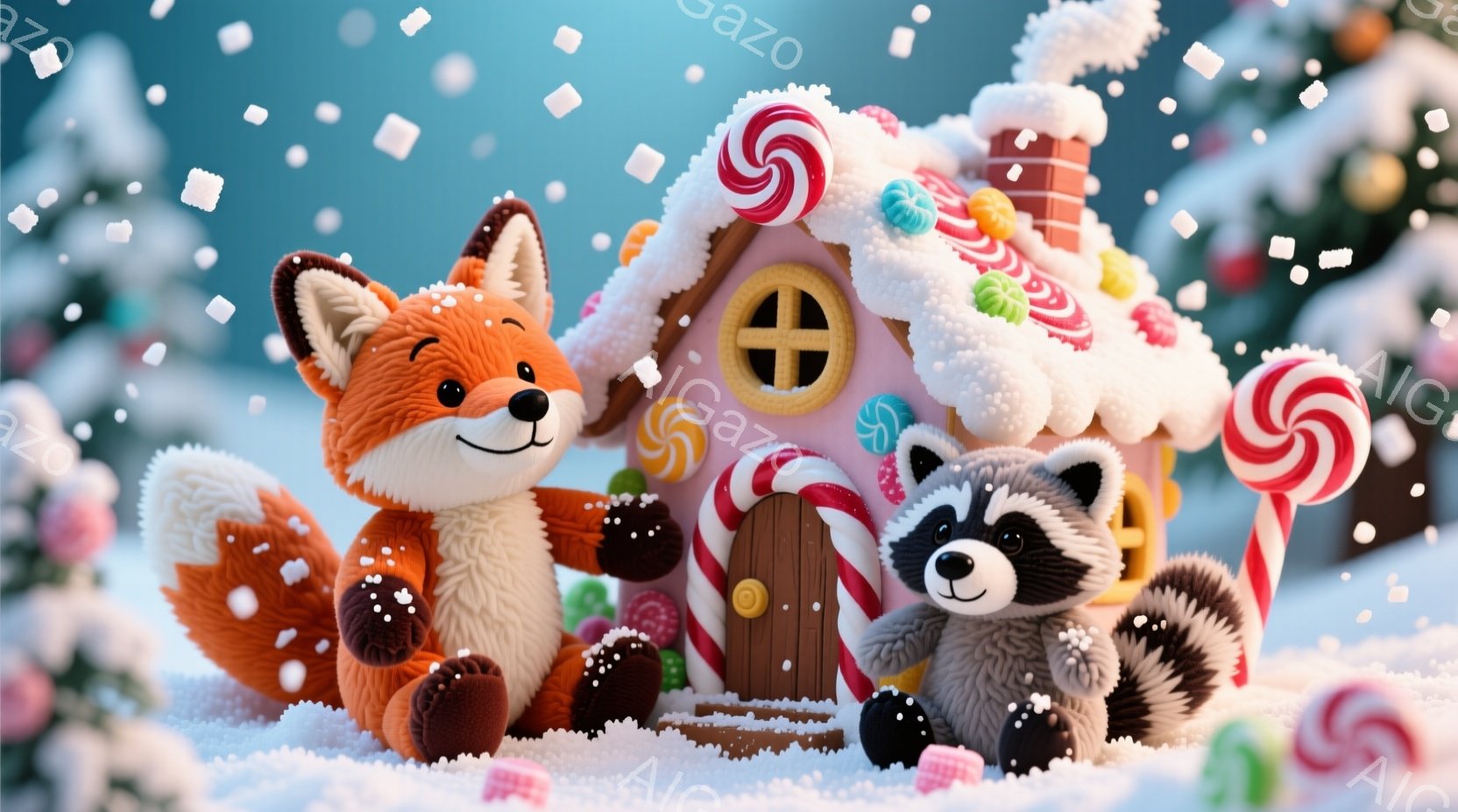 鮮やかなオレンジ色のキツネと、黒と白の縞模様のタヌキが、お菓子で飾られたピンク色の家を背景に立っています。キツネは穏やかな笑顔で、タヌキは少し恥ずかしそうにしています。背景には雪が降り積もり、遠くには緑の木々が見え、おとぎ話のような暖かく甘い雰囲気が漂っています。