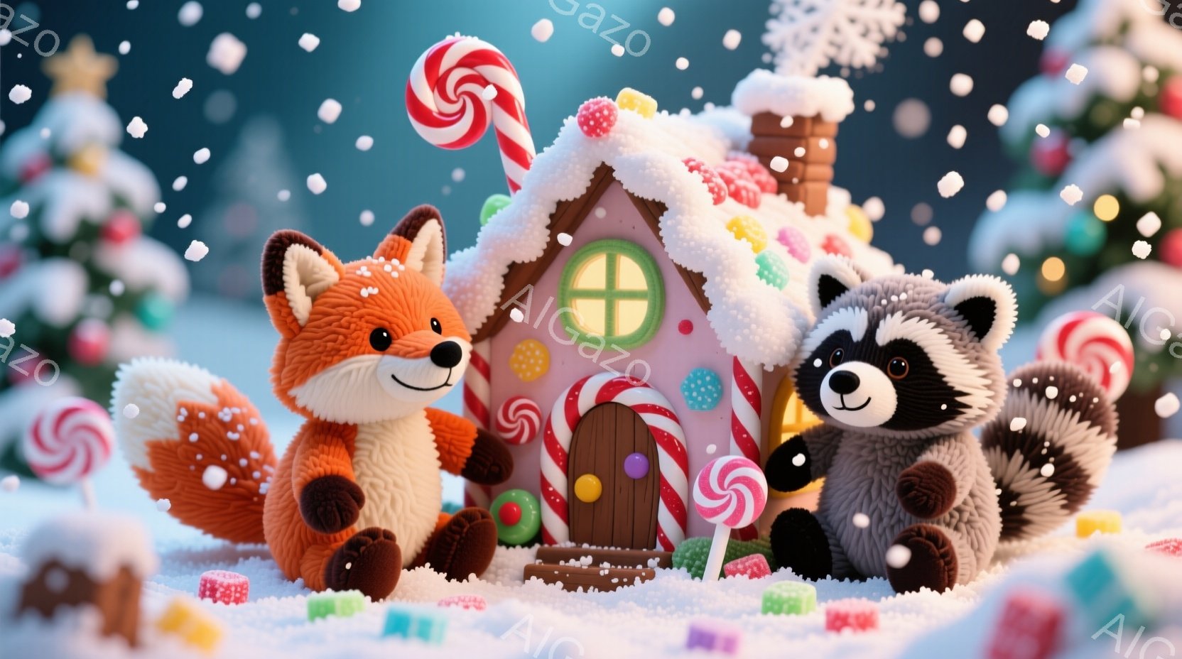 鮮やかなピンク色のキャンディハウスの前に、オレンジ色のキツネと黒いアライグマが立っています。キツネは明るい笑顔で、アライグマは少し控えめな表情をしています。背景には雪景色とクリスマスの飾り付けが施され - AI生成フリー素材