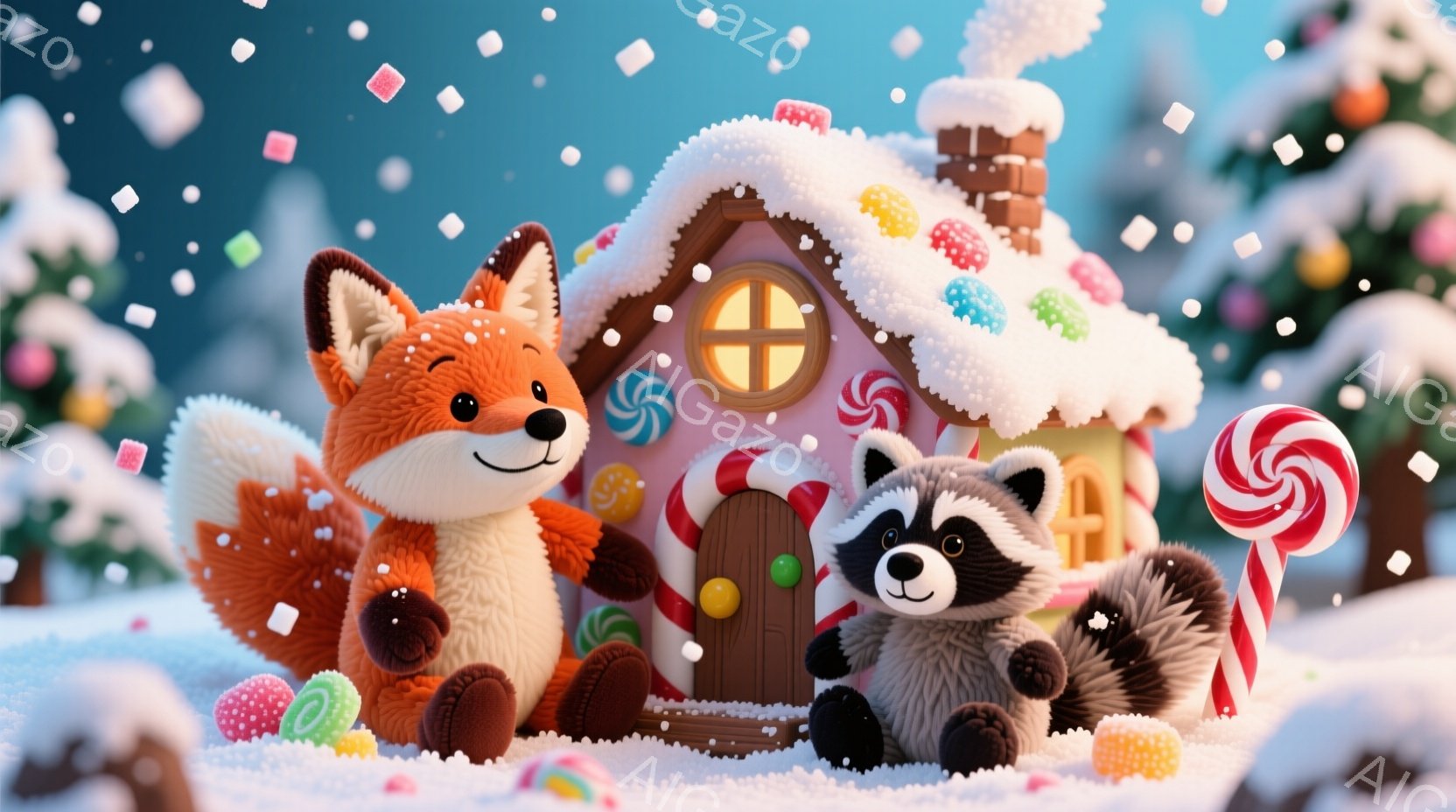 明るい雪景色の中に、可愛らしいキツネとアライグマがいます。キツネは赤い毛並みで、緑色の靴を履き、アライグマは黒と白の模様で、キャンディの家を背景に座っています。背景には、雪で覆われた木々と、様々なキャ - AI生成フリー素材