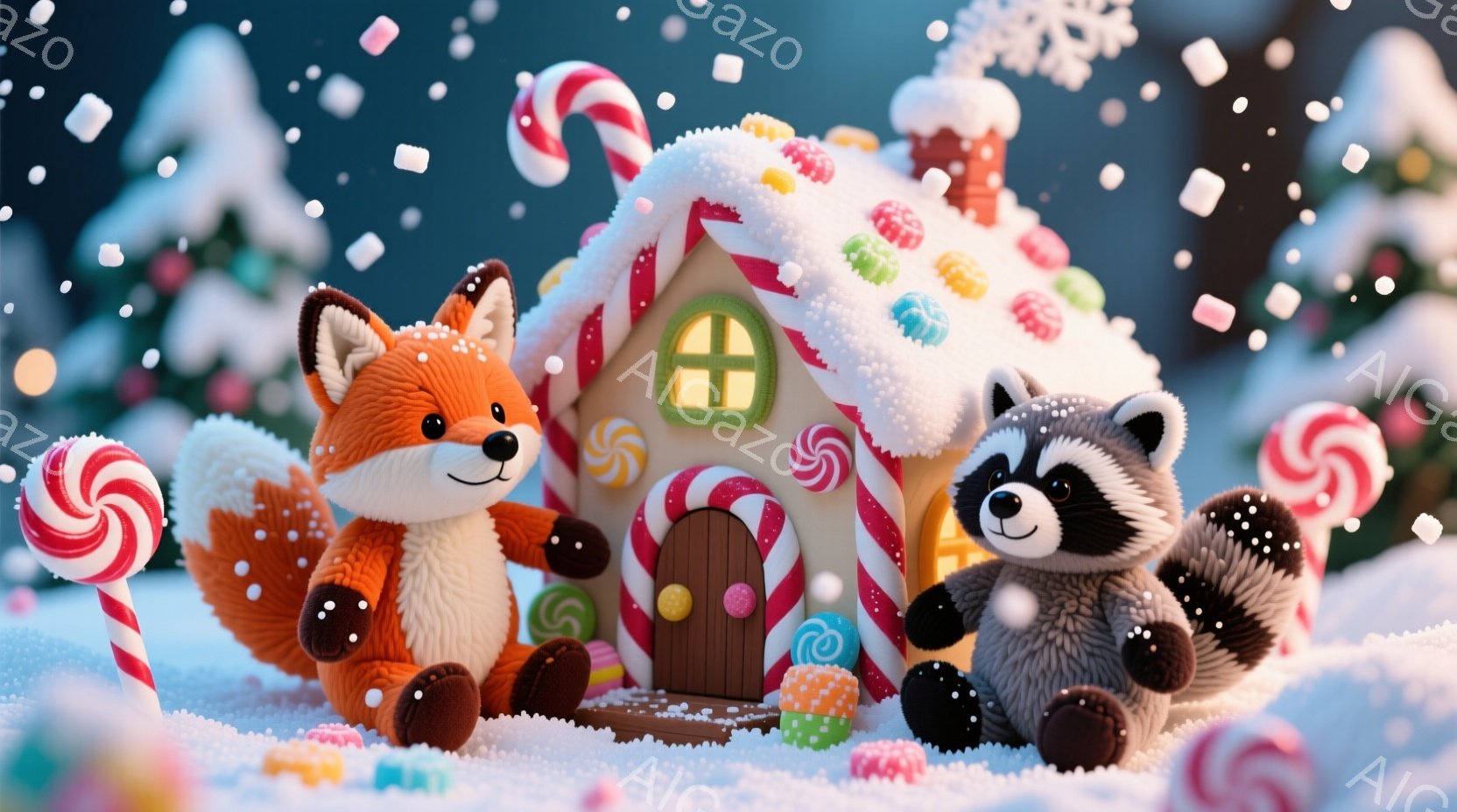 雪景色の中に、ジンジャーブレッドハウスと、キツネとアライグマの可愛らしい姿が描かれています。キツネはオレンジ色の毛並みで、アライグマは黒と白の縞模様で、どちらも大きなキャンディを持っているのが特徴です。背景には雪に覆われた木々があり、全体的に暖かく、お祭り気分を盛り上げるような、夢のような雰囲気が漂っています。