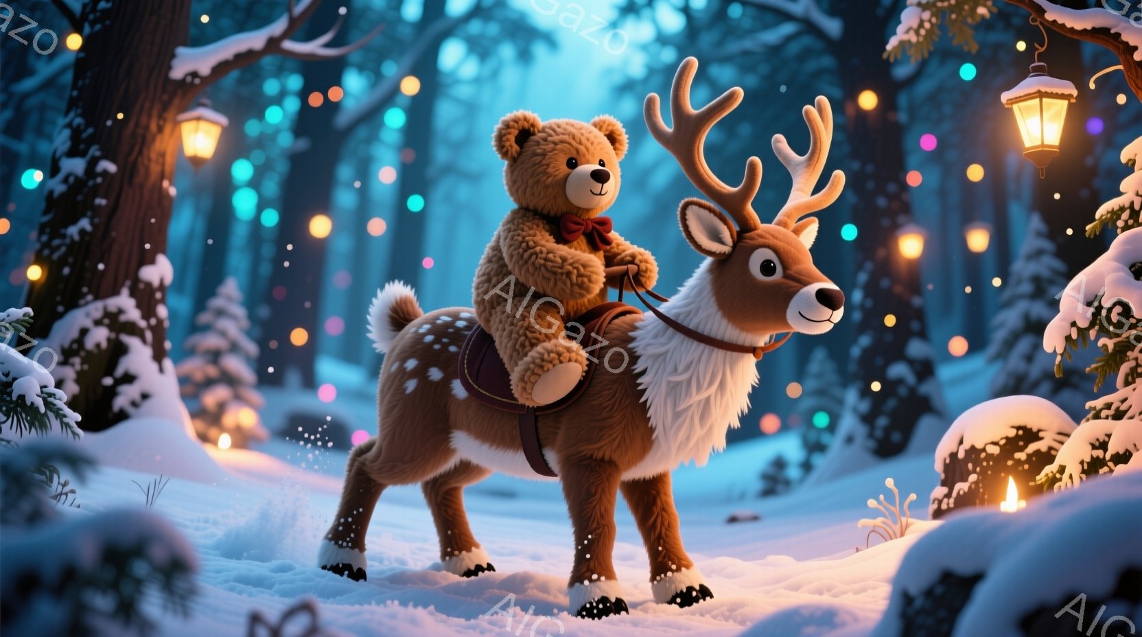 茶色のテディベアが、トナカイの背中に乗っています。テディベアは赤いリボンで装飾され、穏やかな表情をしています。背景は雪景色で、木々が立ち並び、遠くには暖かい光を放つランタンが灯っています。 - AI生成フリー素材