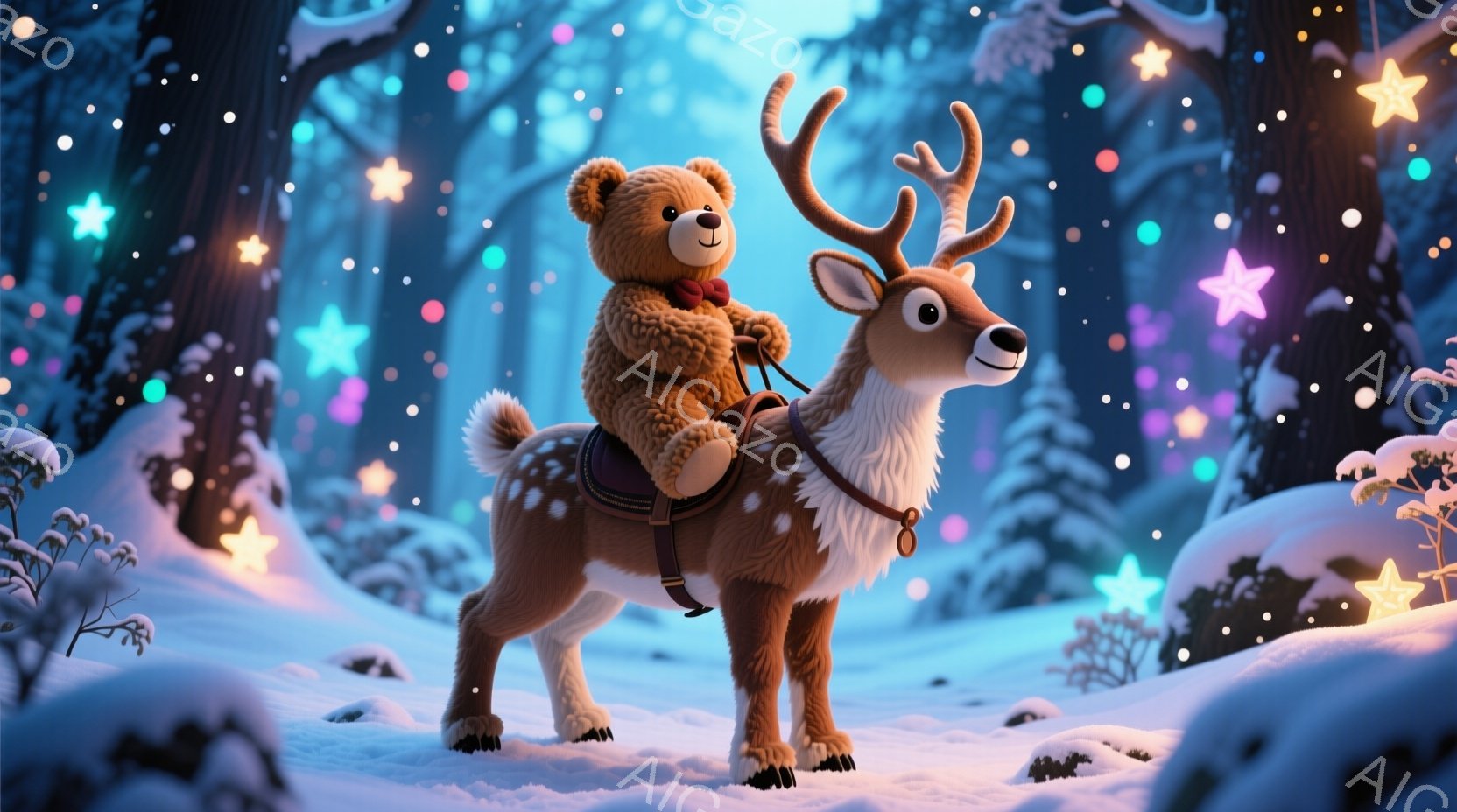 温かい茶色のテディベアが、角を持つ茶色の鹿に乗っています。ベアは小さな鞍と手綱で鹿にまたがり、穏やかな表情をしています。背景は雪に覆われた森で、星やきらめく光が散りばめられ、幻想的で冬の雰囲気を醸し出 - AI生成フリー素材