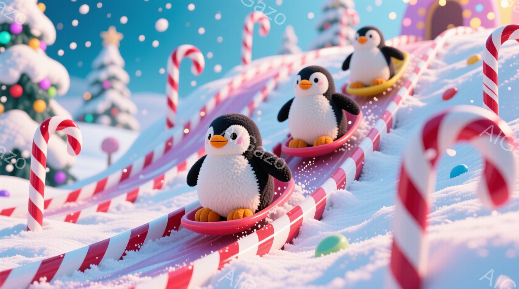 雪景色の中に、ペンギンたちがソリに乗って滑り降りています。背景にはキャンディケーンやクリスマスツリーが立ち並び、雪が舞う冬の幻想的な雰囲気を醸し出しています。ペンギンたちは楽しそうな表情で、ソリを巧みに操り、雪上を駆け抜けています。
