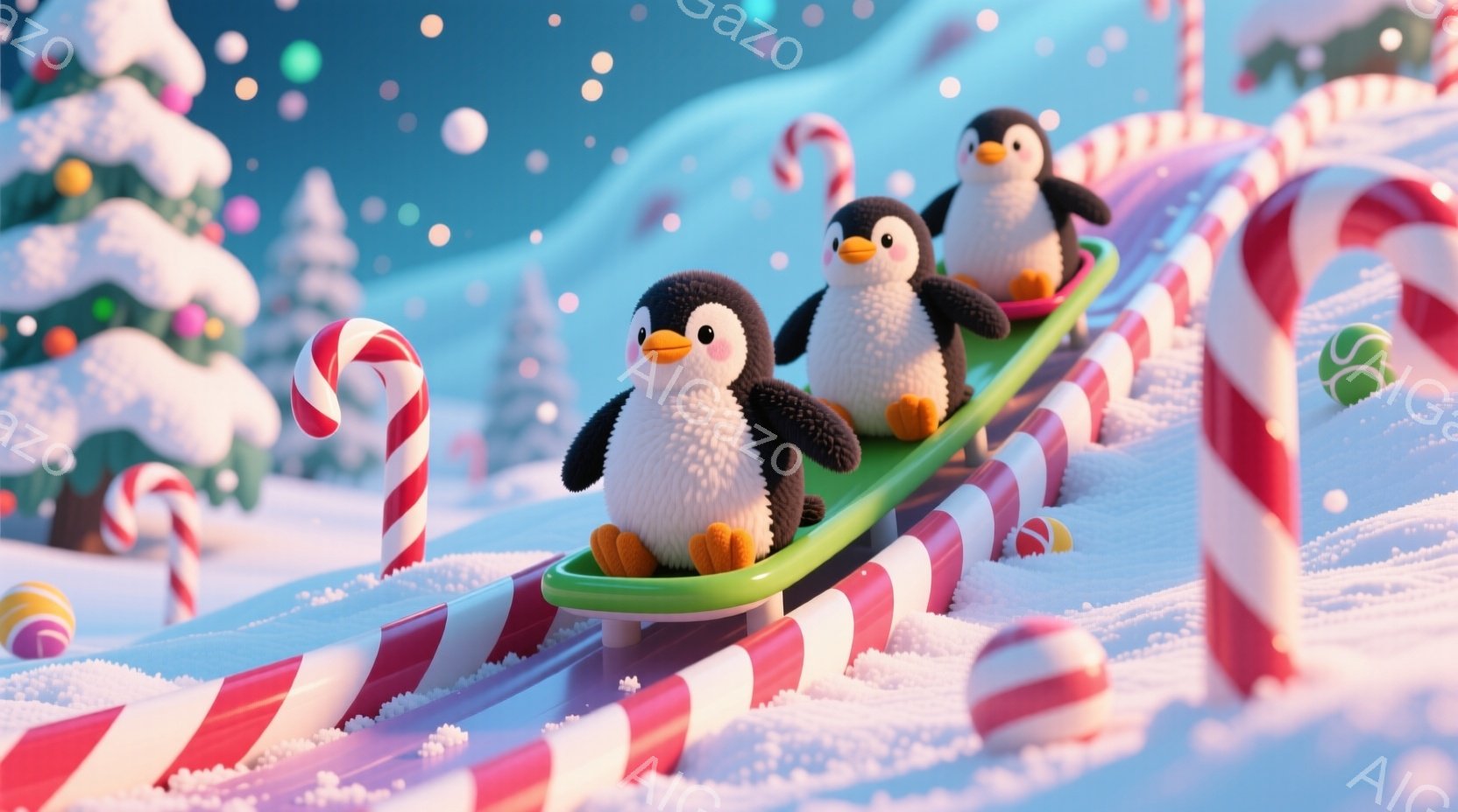 雪の上に置かれたキャンディケーンの坂を滑るペンギンの子供たちが描かれています。ペンギンたちは緑色のソリに乗っており、嬉しそうな表情をしています。背景には雪で覆われた木々や、キラキラと輝く雪が舞っており、冬の暖かく楽しい雰囲気を醸し出しています。
