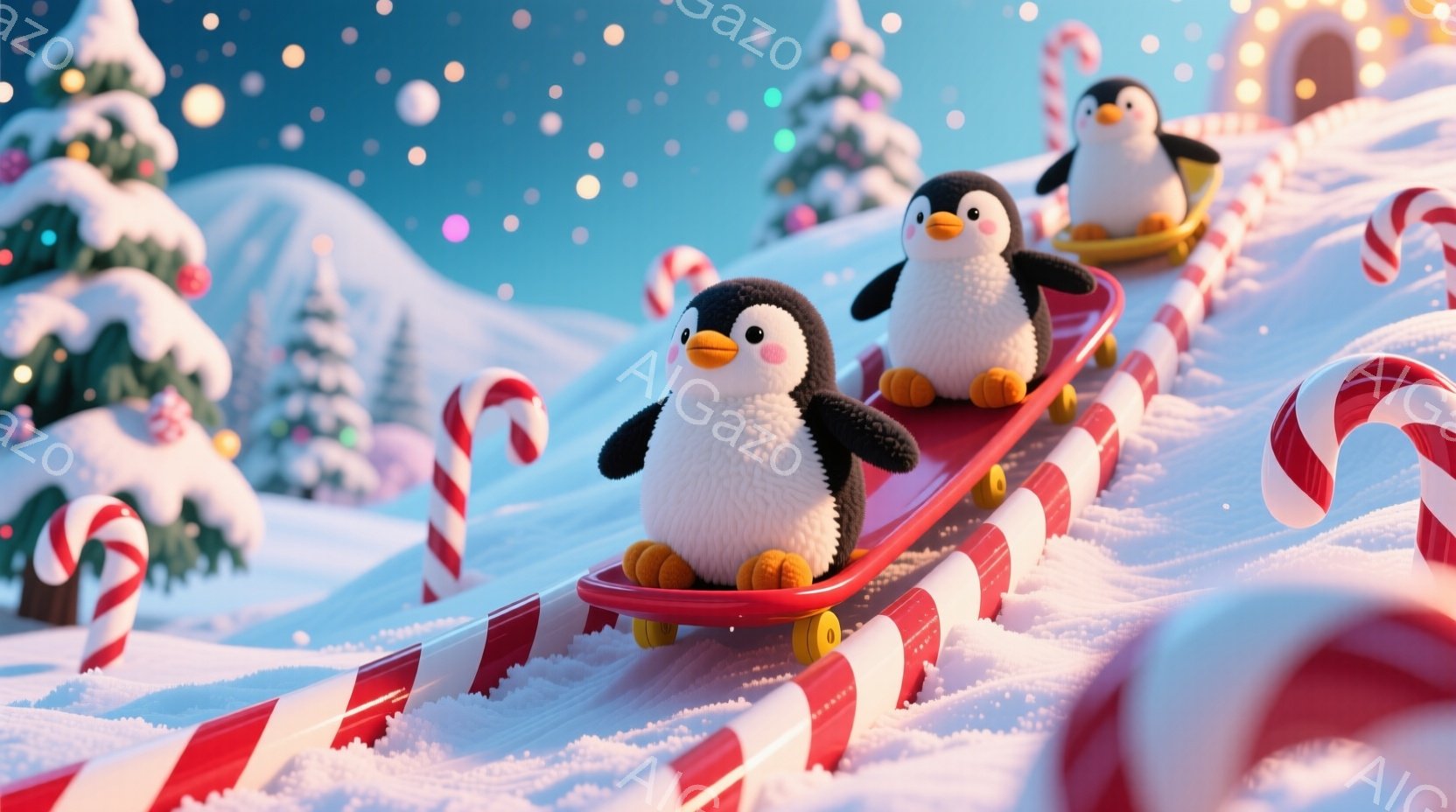 雪景色の中でそりを楽しんでいるペンギンのイラストが描かれています。ペンギンたちは赤いそりに乗り、笑顔で滑っており、その周囲にはキャンディケーンや雪で覆われた木々が見られます。背景は雪の降る冬の風景で、全体的に暖かく、楽しい雰囲気が漂っています。