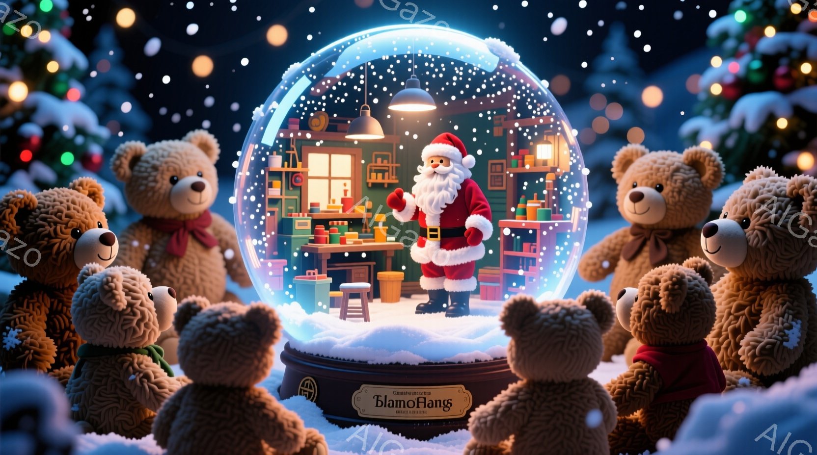 暖炉のあるアトリエのような空間が雪球の中に広がっており、サンタクロースが赤い衣装を身につけ、プレゼントを作っている様子が描かれています。背景には、おもちゃやクリスマスデコレーションでいっぱいの棚、緑色の壁、木製の床があり、暖かく楽しい雰囲気を醸し出しています。雪球の周りには、テディベアが雪の中に座っており、クリスマスを祝う心温まる情景が表現されています。