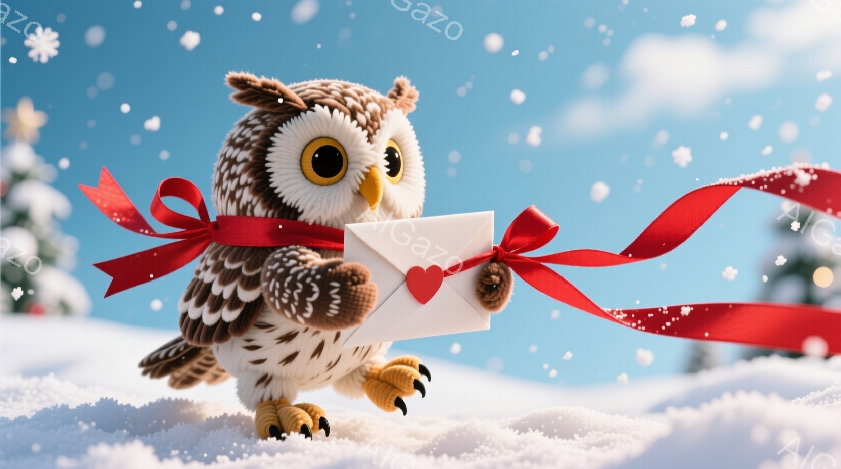 雪景色の中、赤いリボンを首に巻き、手紙を持っているフクロウが描かれています。フクロウは大きな目で愛らしい表情を浮かべ、雪原を歩いているようです。背景には雪の積もった木々と青空が広がり、全体的に温かく、 - AI生成フリー素材