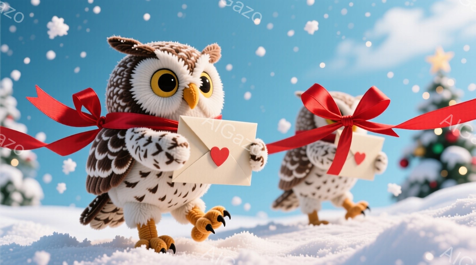 雪景色の中で、可愛らしいフクロウが二羽、赤いリボンと手紙を持って歩いている。フクロウは茶色と白の美しい羽を持ち、手紙には赤いハートが描かれている。背景には雪に覆われた木々と、青空が広がり、クリスマスの - AI生成フリー素材