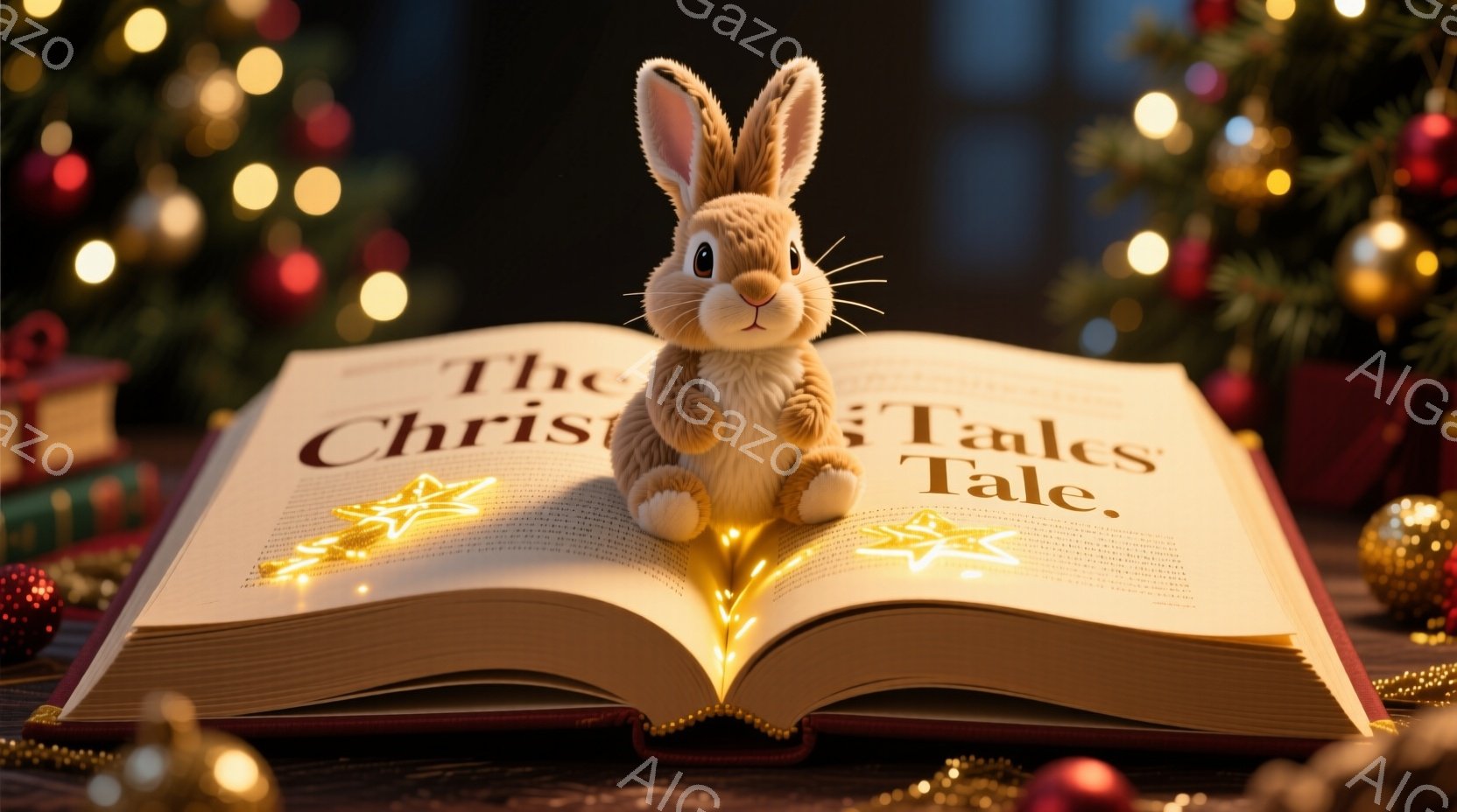 開かれた古書の上に、ふわふわの茶色のウサギのぬいぐるみが座っています。ウサギは可愛らしい表情で、小さな金色の光が本から溢れ出し、温かい雰囲気を醸し出しています。背景にはぼやけたクリスマスツリーとオーナメントが見え、本の表紙には「Christmas Tale」と書かれています。