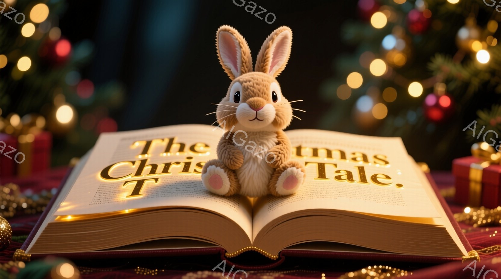 開かれた本の上に、ふわふわの茶色のウサギのぬいぐるみがお座りになっています。本の表紙には金色の文字で「Christmas Tale」と書かれており、背景にはぼやけたクリスマスツリーの光が暖かく輝いてい - AI生成フリー素材