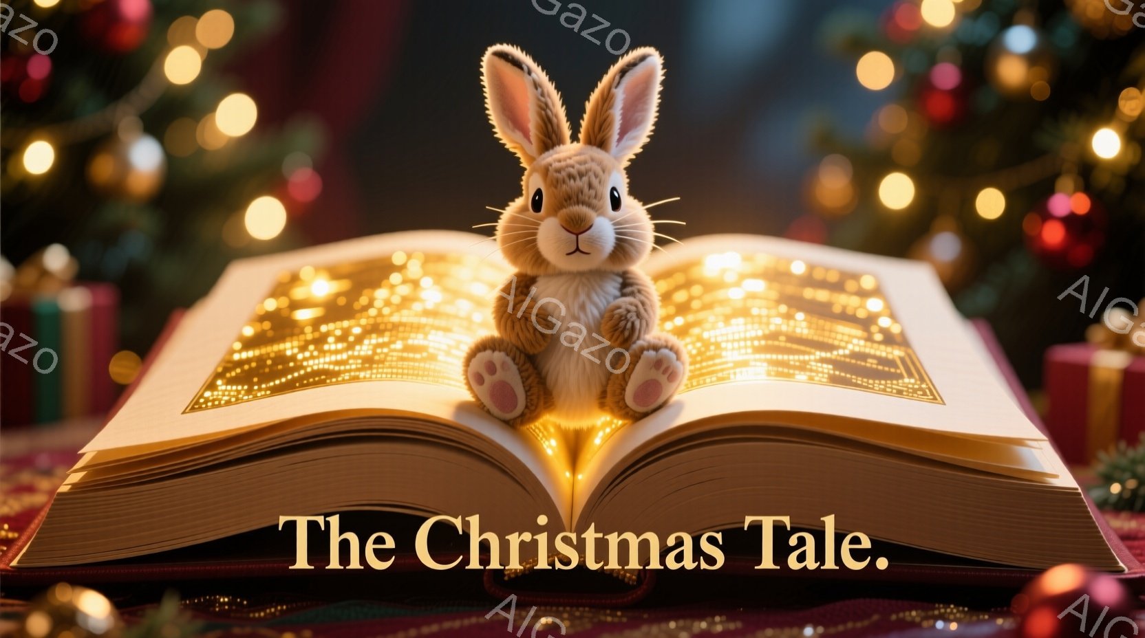柔らかい毛並みの茶色のウサギが、開かれた本のページの上に座っています。本のページは明るく輝いており、キラキラとした光で満たされています。背景にはクリスマスツリーのぼんやりとした光と、プレゼントの箱が見 - AI生成フリー素材