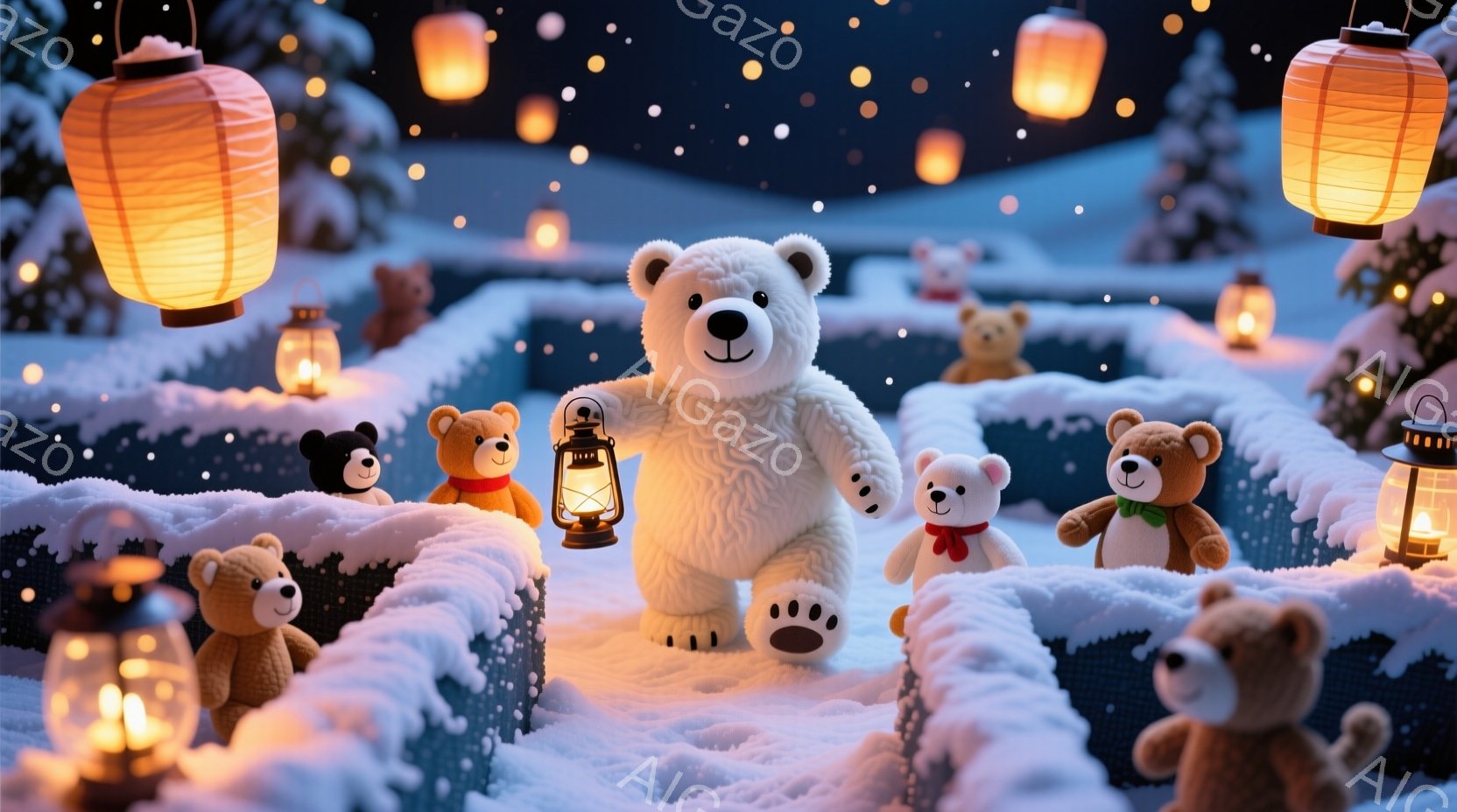 雪に覆われた庭に、様々な種類のテディベアたちが集まっています。中央には大きな白いクマがランタンを手に立っており、他のクマたちは庭の低い壁の上や雪の中にちょこんと座って、彼を見守っています。背景には、優 - AI生成フリー素材