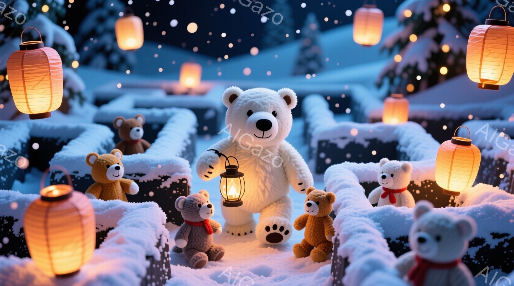 雪に覆われた庭園に、様々な色のテディベアたちが集まっています。中央の大きな白いテディベアはランタンを持ち、他のテディベアたちは雪の迷路の中に控えめに佇んでいます。背景には暖かく光る提灯が散りばめられ、 - AI生成フリー素材