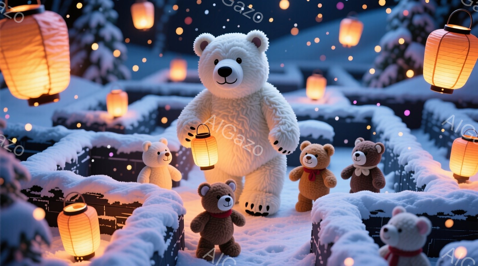 雪が降る夜の、かわいらしいテディベアたちがランタンを持って並んでいます。大きな白いクマが中心で、他の小さなクマたちはその周りを囲み、皆どこかを見つめ、温かい光が彼らを照らしています。背景には雪に覆われ - AI生成フリー素材