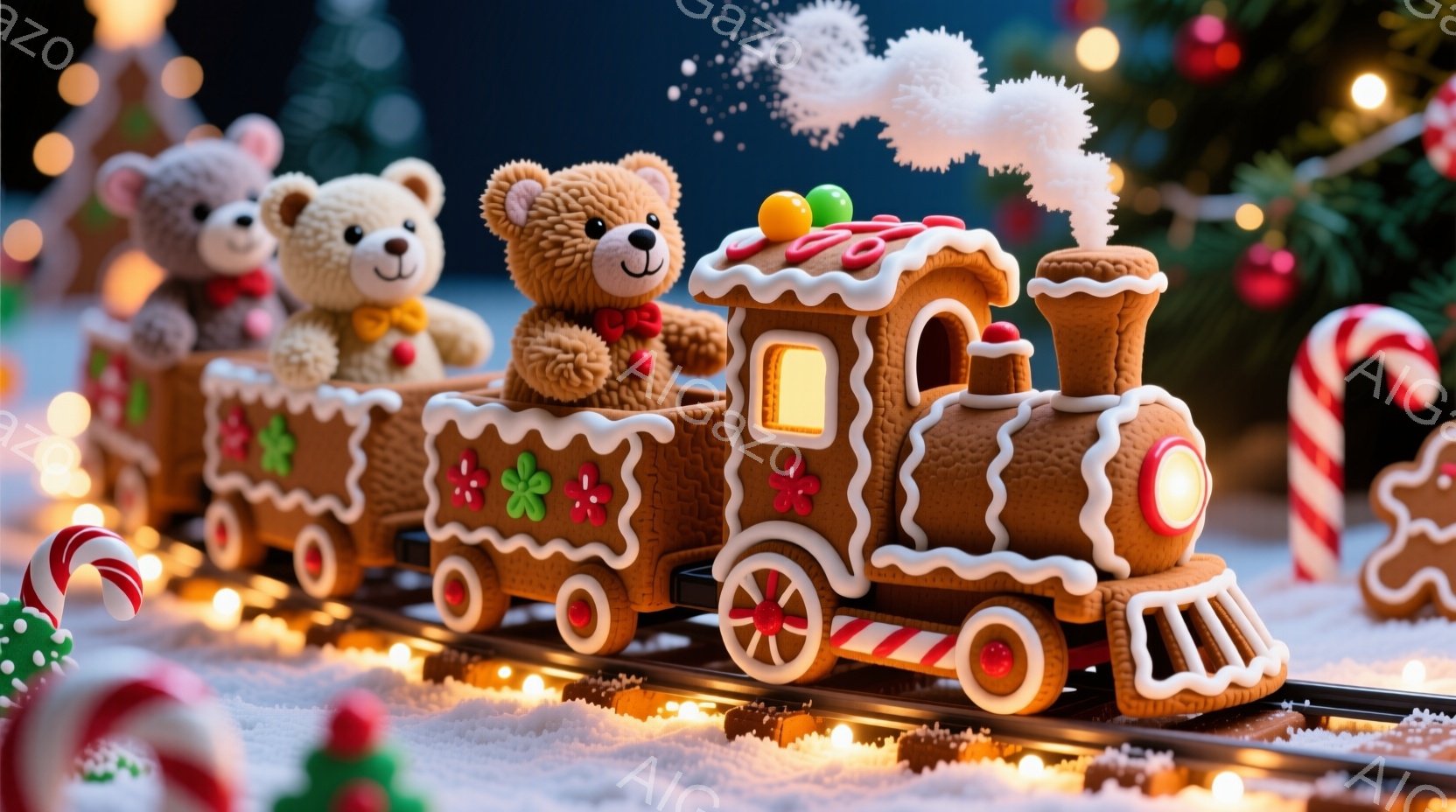チョコレート色のジンジャーブレッド列車が雪景色の中に走っています。列車にはふわふわのテディベアが乗り、一番前の車両には赤いリボンをつけたクマ、後ろの車両には別のクマが乗っています。背景にはぼやけたクリスマスツリーと、キャンディケーンが散りばめられ、暖かい祝祭の雰囲気を醸し出しています。