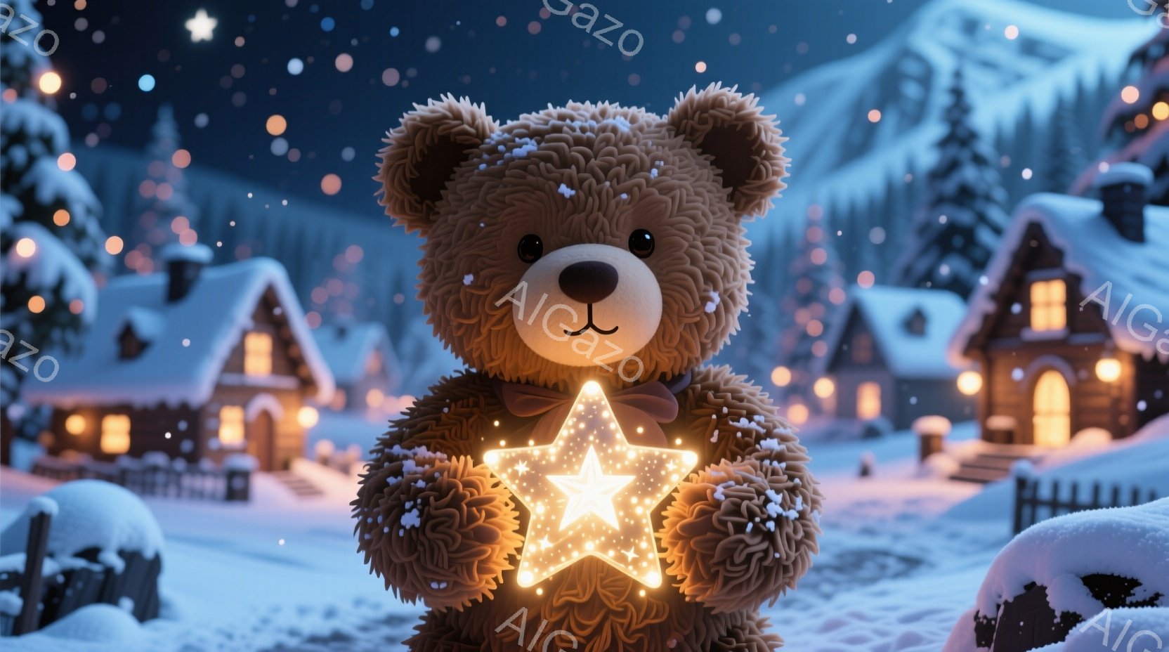 ふわふわの茶色のテディベアが、光り輝く星形のオーナメントを抱えています。背景には雪景色の中に暖かく光る家々が並び、雪が舞っています。全体的に温かく、幻想的な冬の夜の雰囲気が漂っています。 - AI生成フリー素材