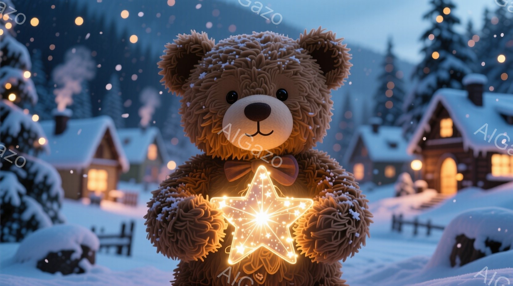 ふわふわの茶色のテディベアが、光り輝く星形のオブジェクトを抱えています。背景には雪に覆われた家々が並び、遠くには雪山のシルエットが見えます。全体的に暖かく、幻想的な冬の雰囲気で、星の光が特に目を引きま - AI生成フリー素材
