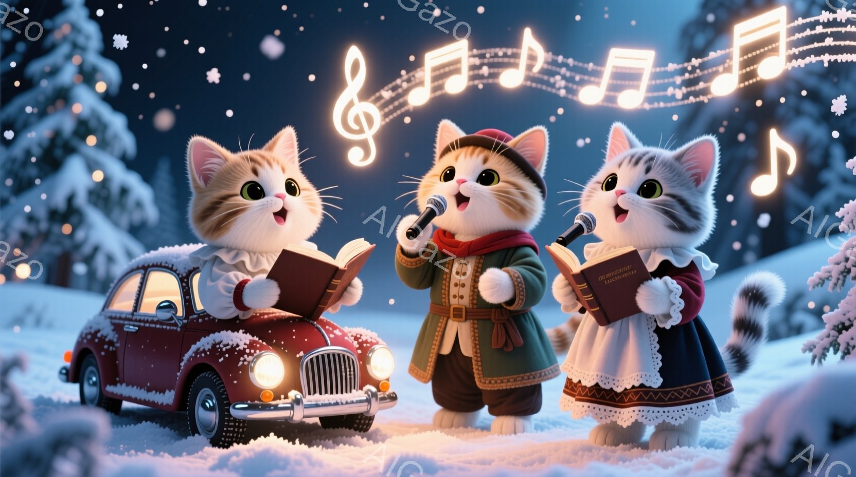 雪景色の中に、歌う猫たちが描かれています。猫たちはそれぞれ、中世風の衣装を着ており、楽譜を開いて歌っています。背景には赤い車と雪に覆われた木々があり、頭上には音符が光って浮かんでいます。 - AI生成フリー素材